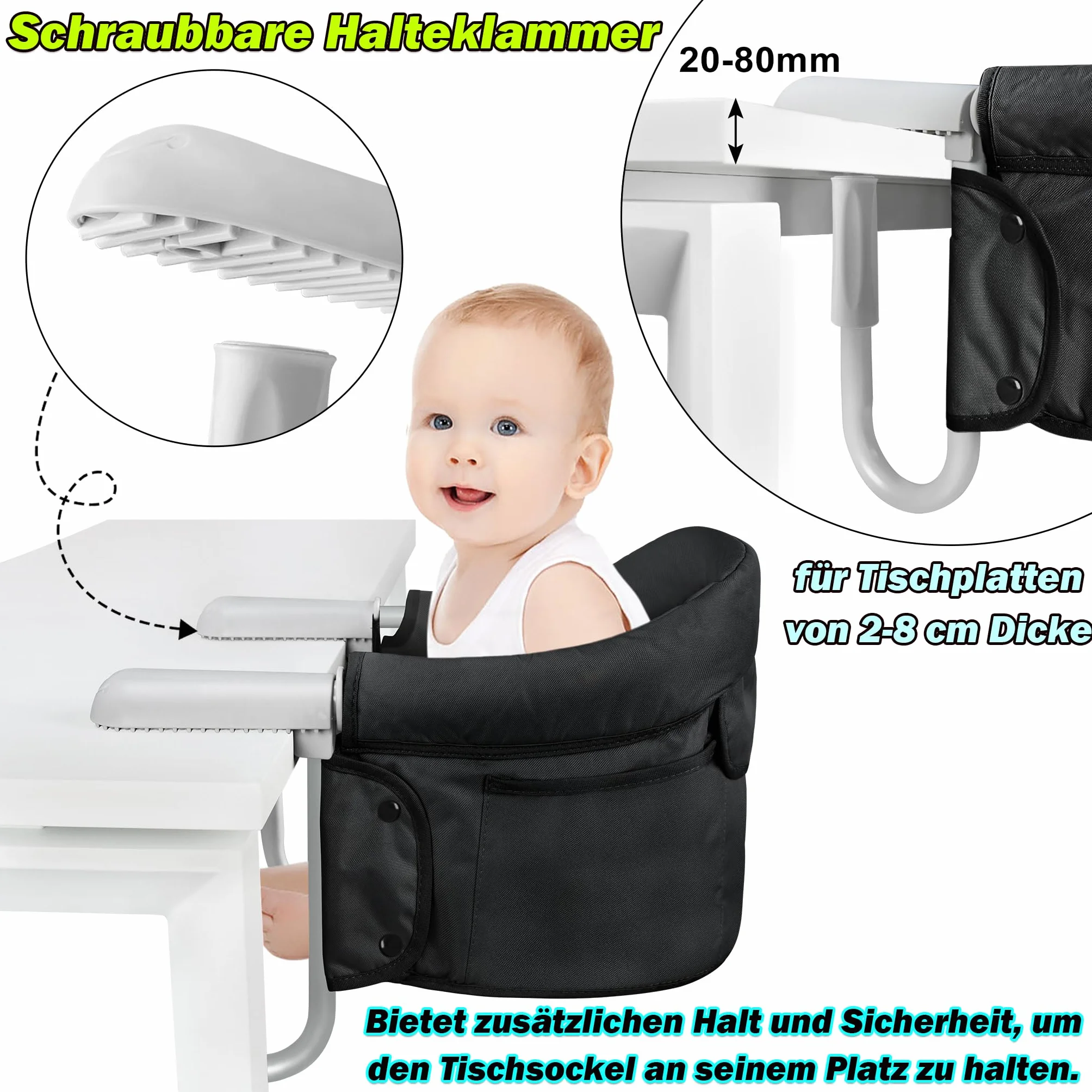 Froadp Seggiolino da tavolo pieghevole per bambini, con custodia e linguette di fissaggio sicure, per bambini, seggiolone, con aste di fissaggio regolabili, per casa, viaggi, colore nero