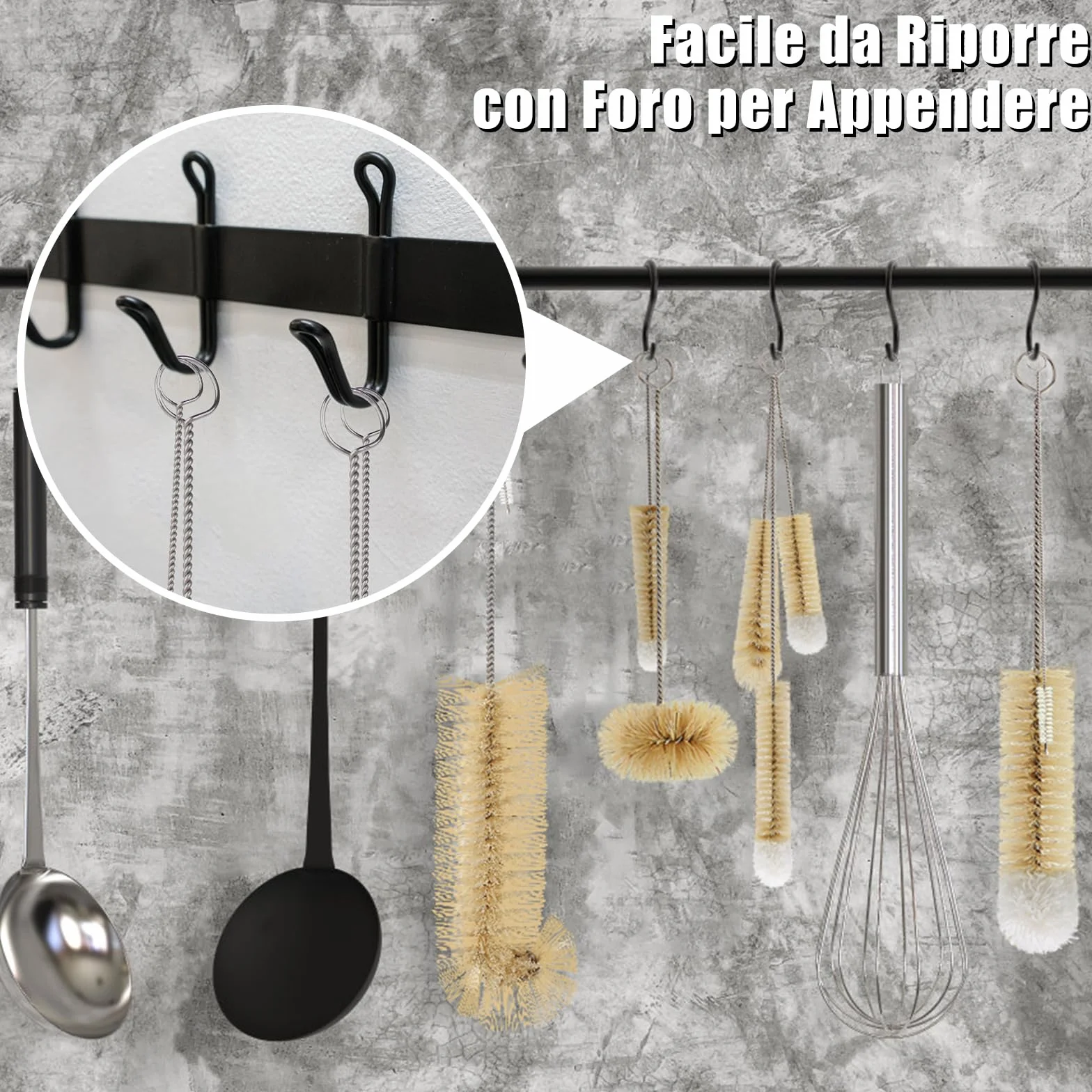 MASTERTOP Set 9 Spazzola per Bottiglie, Spazzole per Bottiglie Lungo, Scovolino per la Pulizia del Lotto per Bottiglia, Tazza, Vetro, Cannuccia, Thermos e Contenitori Vari