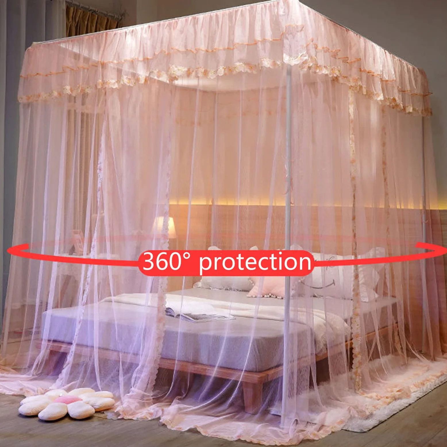 Generisch Zanzariera per letto matrimoniale, universale, quadrata, con telaio in acciaio inox e 3 aperture laterali, baldacchino, zanzariera per viaggi a casa