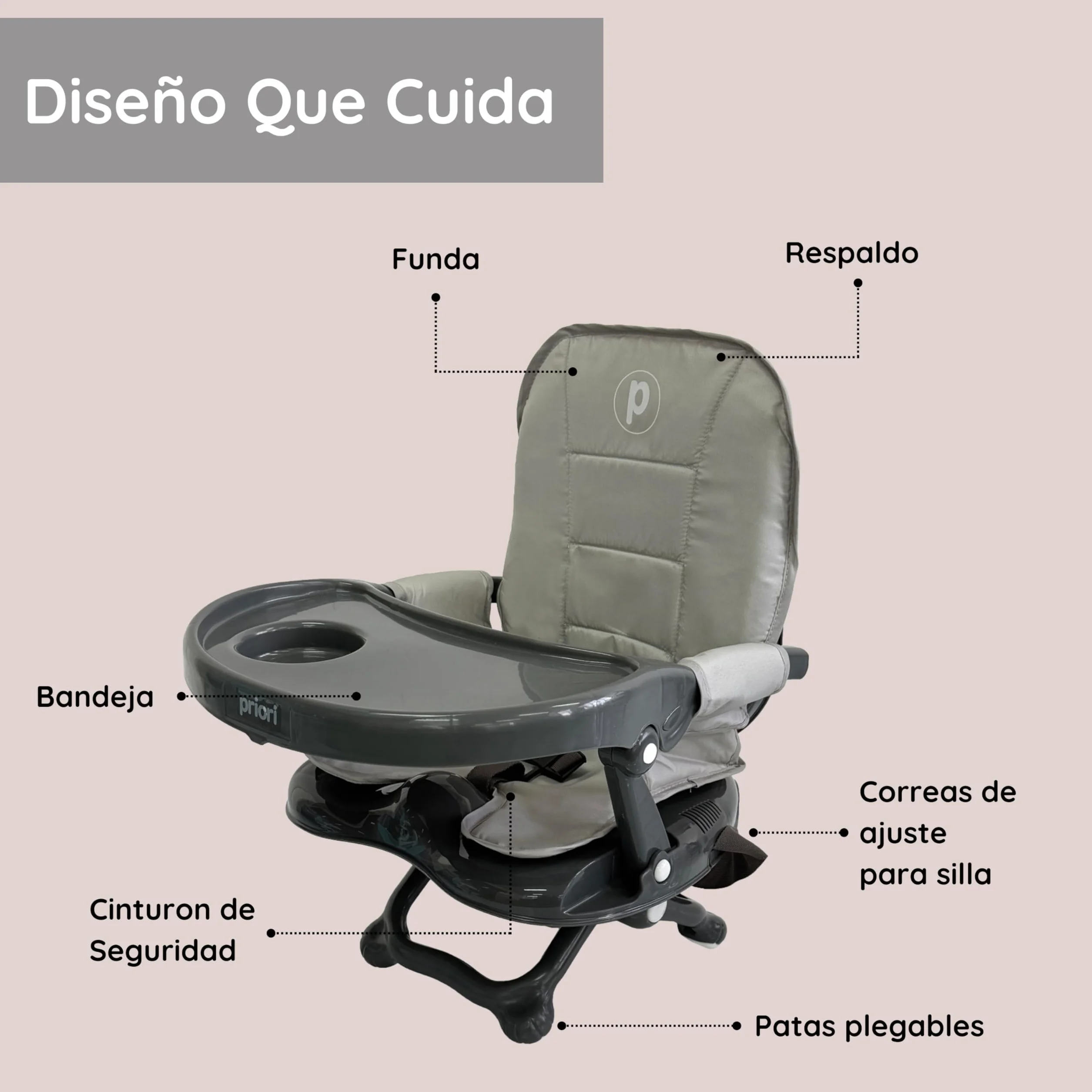 Priori Baby London Seggiolone portatile pieghevole per bambini con gambe ribellibili - Sedile sollevatore per mangiare con imbracatura a 3 punti, cinghie di sicurezza, copertura lavabile, leggera, per