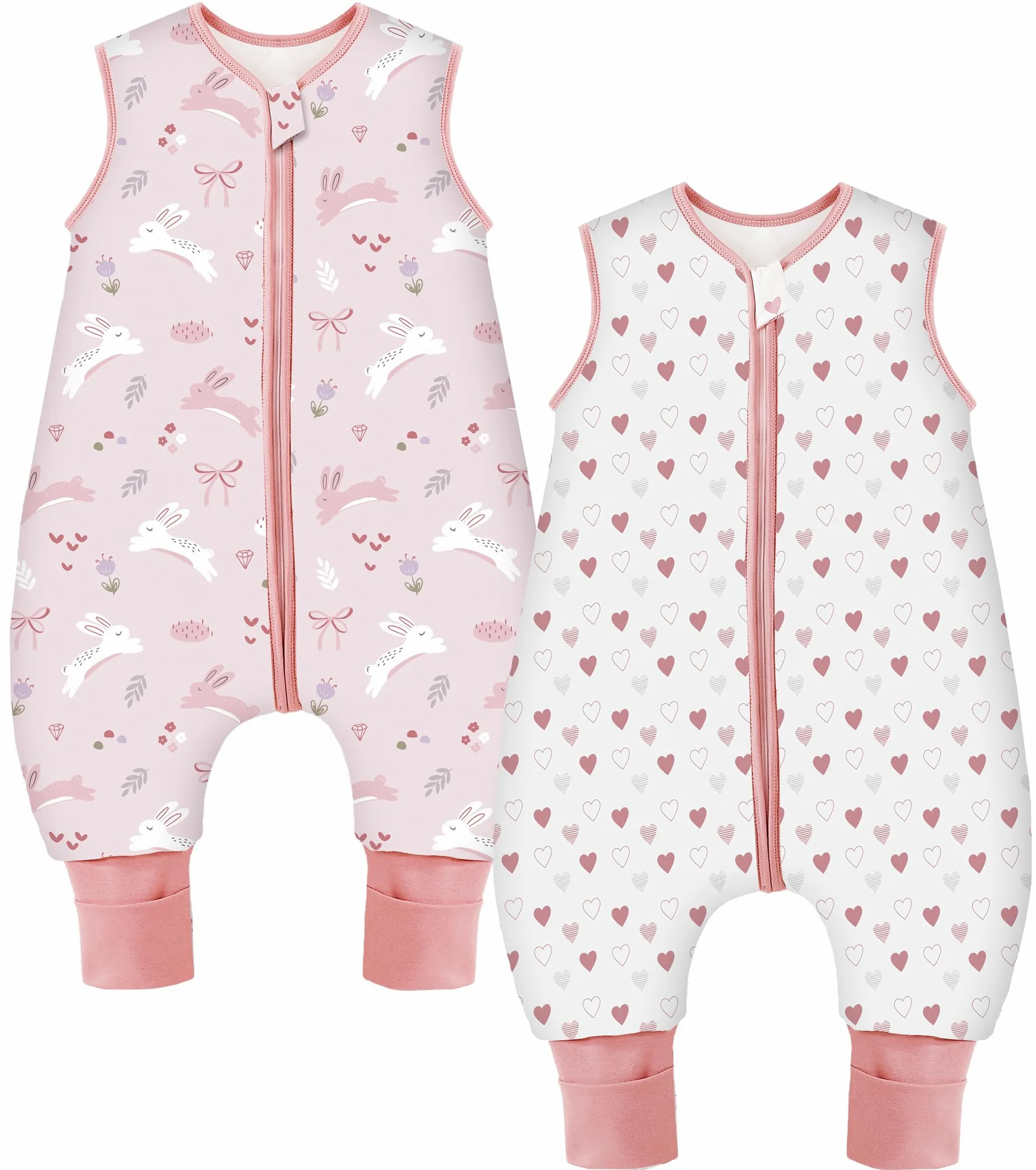 Sacco nanna invernale con piedi, in cotone, 2,5 Tog, per bambini, con gambe, 2,5 tog, cuore + coniglio, 70 cm, altezza bambino 80-90 cm