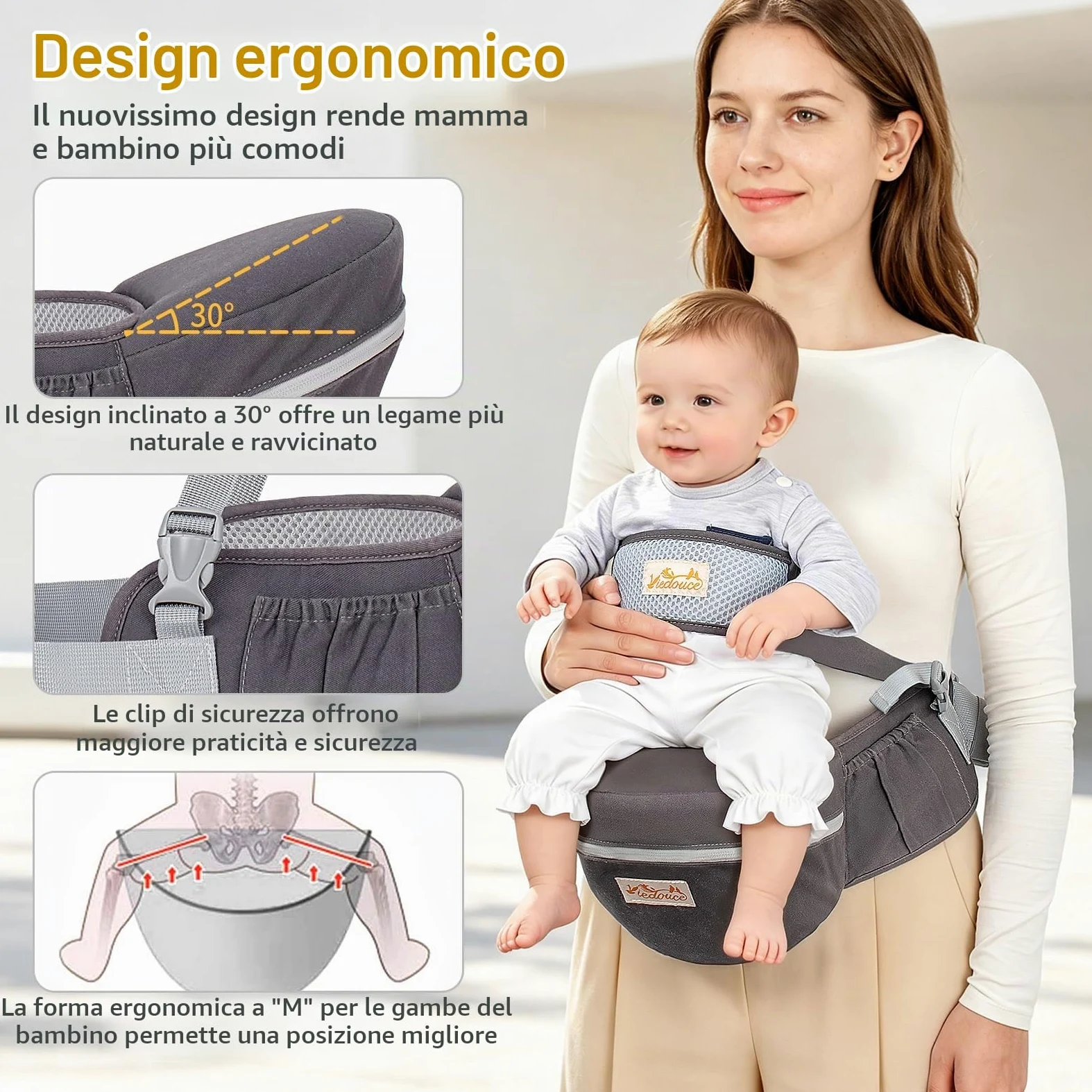 Viedouce Hipseat Marsupio Neonato Ergonomico, Neonati Marsupio Bambino con Cintura di Sicurezza, Leggero e Traspirante per 4-36 Mesi (Grigio Scuro)