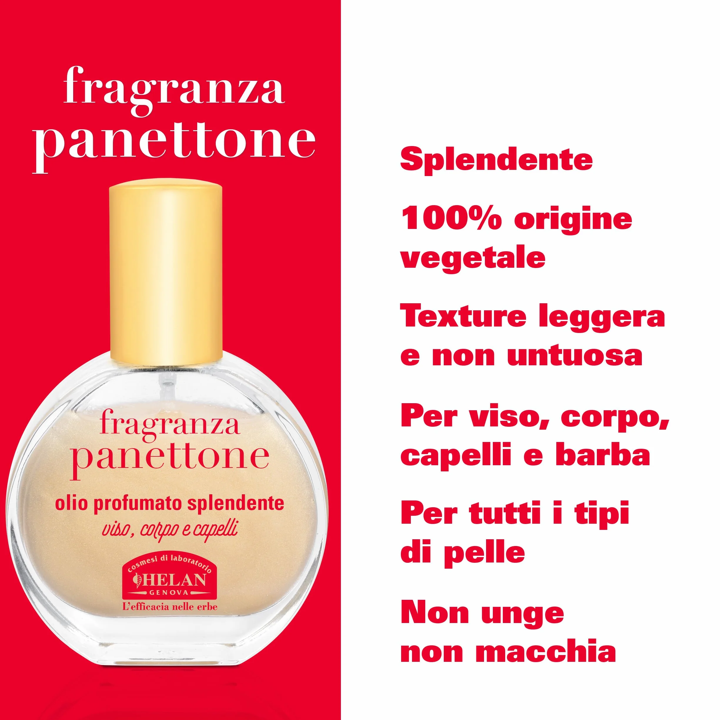 Helan Fragranza Panettone - Olio Capelli e Corpo Profumato Multiuso, Olio Secco Spray Luminoso anche Viso e Barba 100% Vegetale con Vitamina E, Mandorle Dolci, Oliva e Rosmarino, 30 ml, Made in Italy