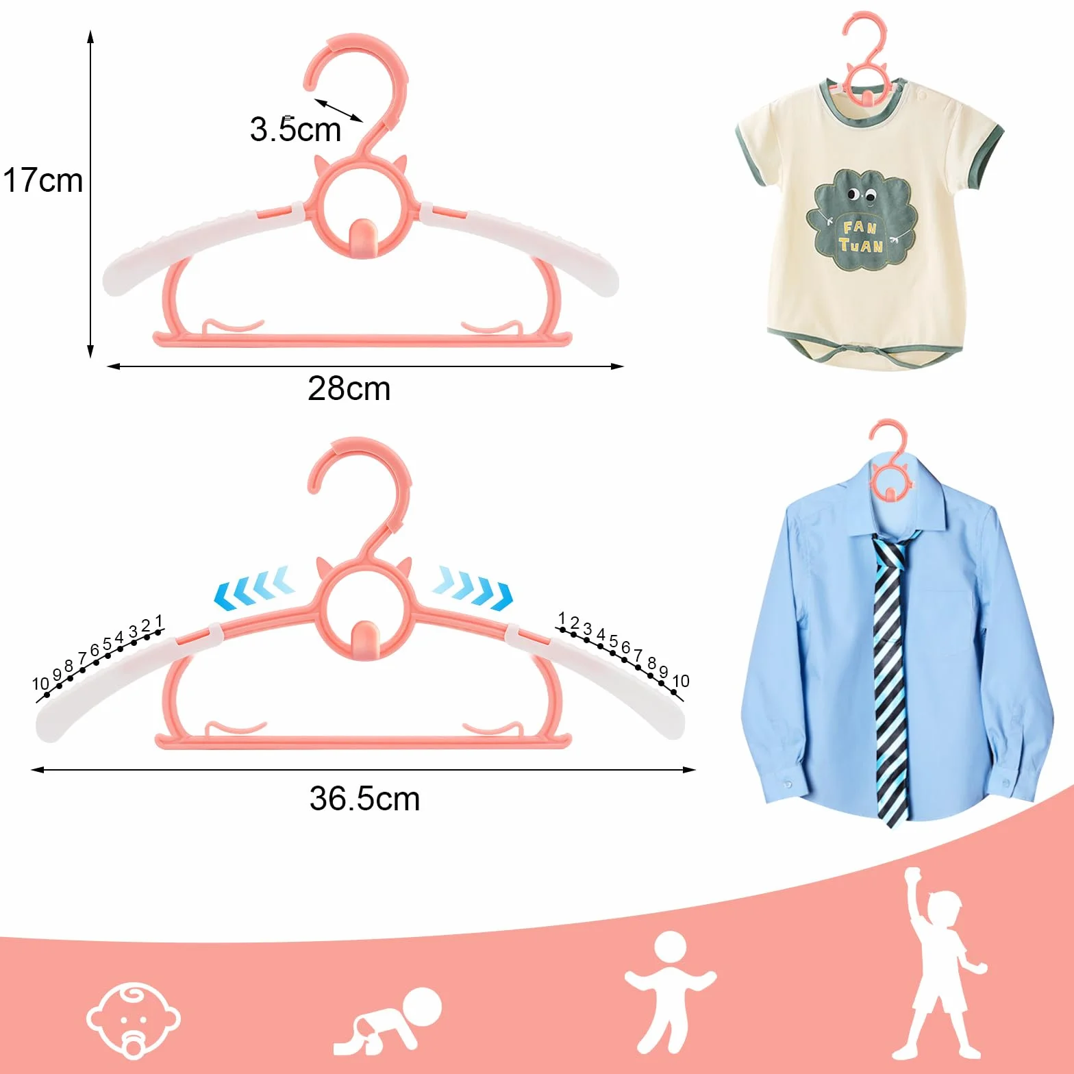 Set di 20 grucce appendiabiti per bambini, Grucce Appendiabiti Rosa con gancio a forma di orsetto, Appendini per Bambini Impilabili Allungabili, antiscivolo, Allungabili, per unisex bambino Neonati