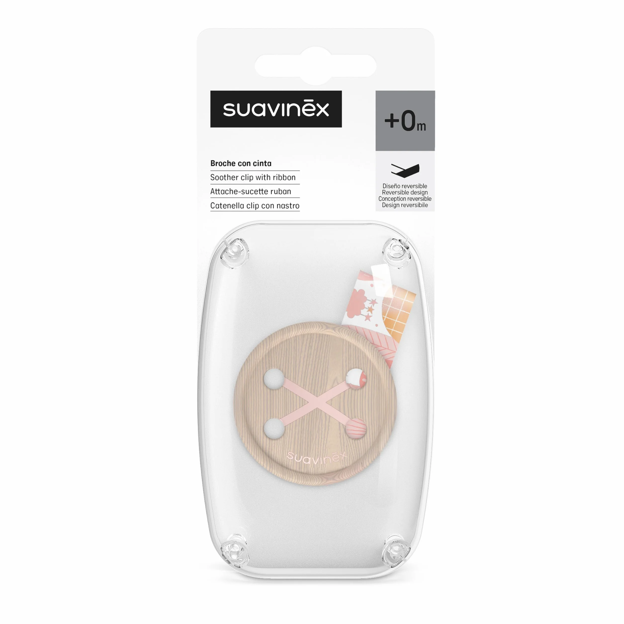 Suavinex, Portaciuccio con catenella in tessuto per bambini, Nastro con design reversibile, Catenella per ciuccio, Portaciuccio con clip. Per Bambini +0 Mesi, Adatto ai Neonati, Dreams Rosa