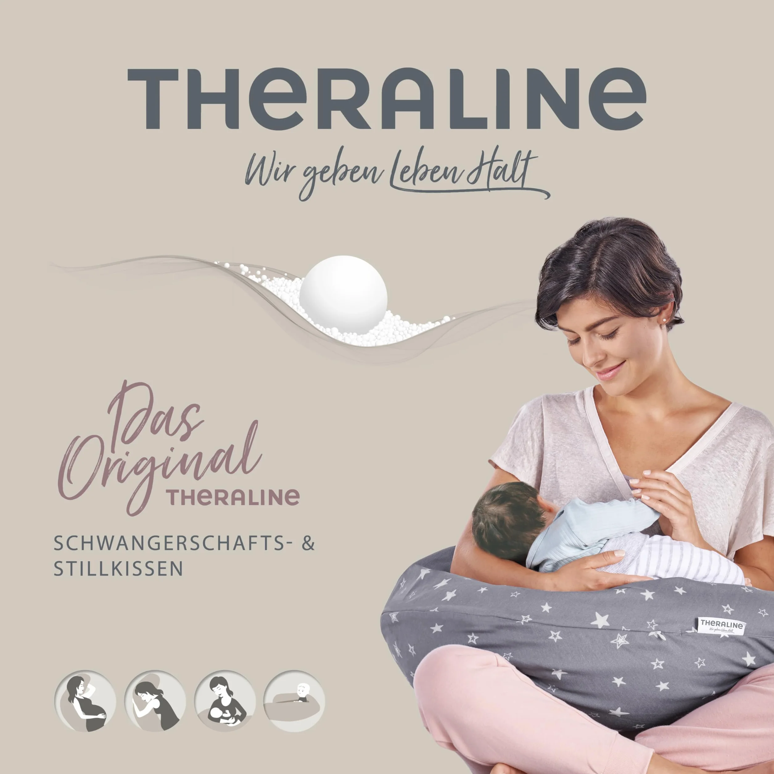 Theraline Cuscino originale per gravidanza e allattamento, imbottitura in microsfere sottili, rivestimento esterno melange grigio medio, collezione bambù, 190 cm