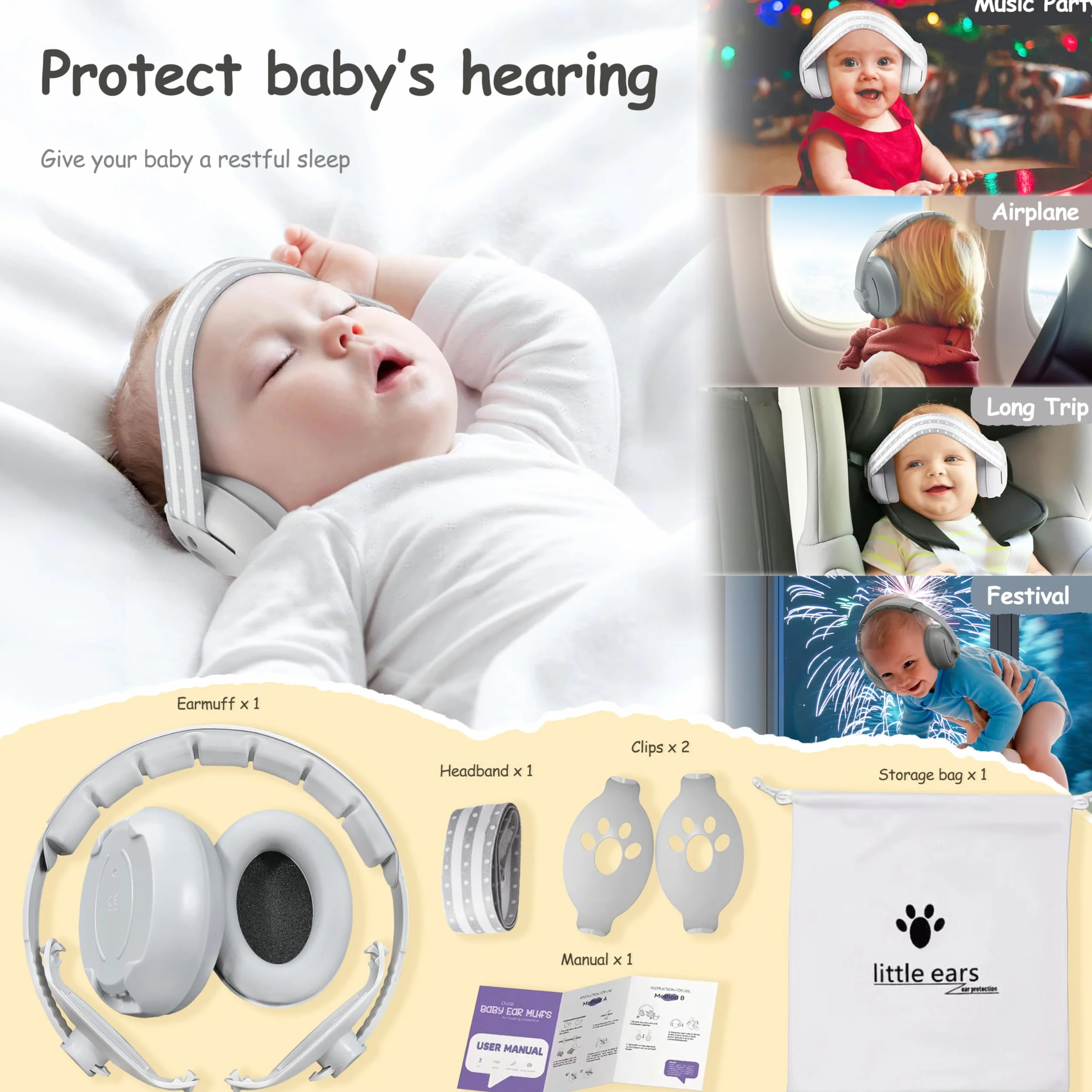 auvstar 2in1 Cuffie Antirumore Neonato,Riduzione Rumore Paraorecchie Neonati Protettori Acustici,Protezione Acustica Per Bambini,Regolabili Cuffie Protezione Dormire Bambini