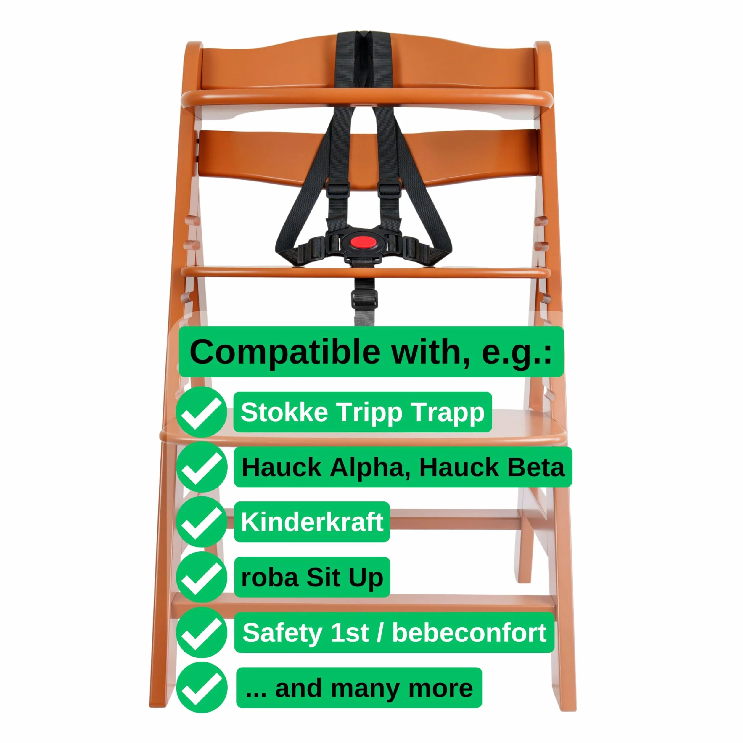 Sistema di imbracatura a 5 punti per seggiolone, 1 set, compatibile con Hauck Alpha Beta, Stokke Tripp Trapp, Roba e molti altri, in nero, con cinghia inguinale