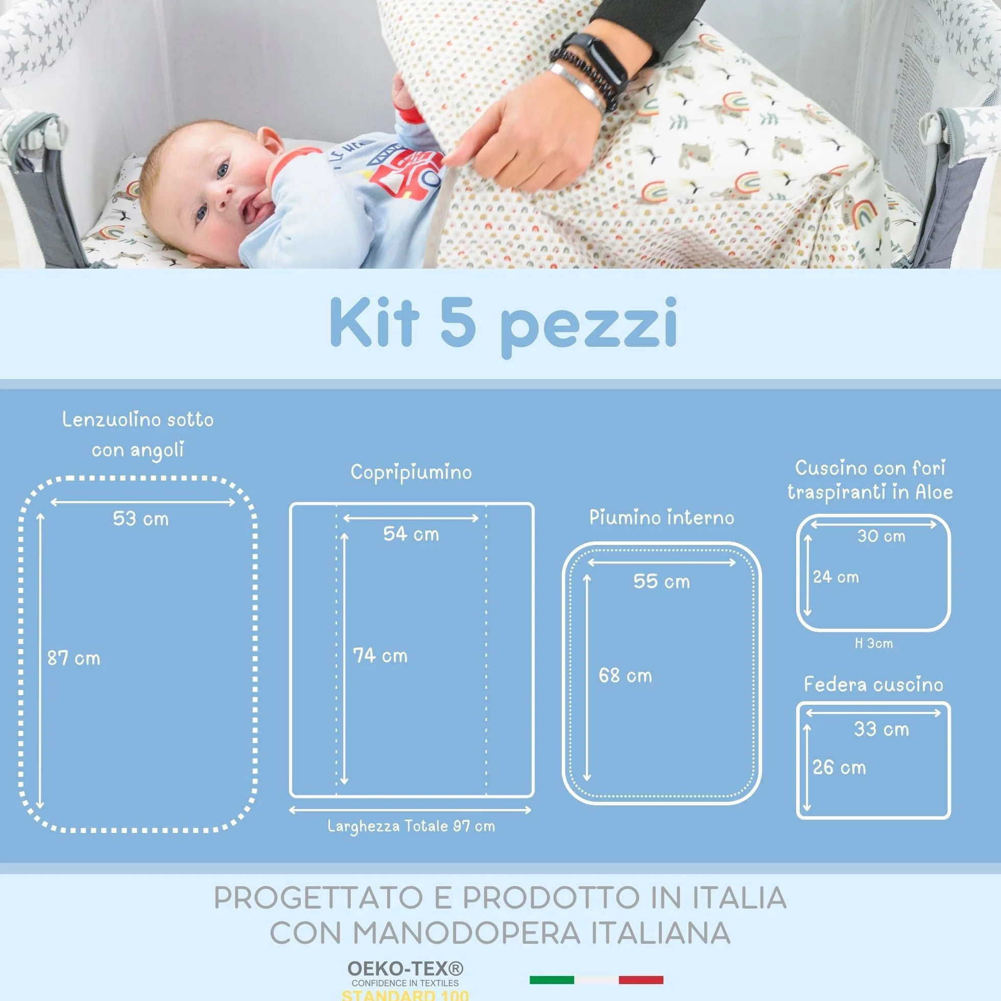 Babysanity Lenzuola Next To Me Compatibili 5 pezzi: Cuscino Neonato Federa Cuscino Piumino Copripiumino Lenzuolo Angoli per Culla Lettino Neonato Chicco Kinderkraft Cam Brevi OEKO-TEX (Lion Friends)