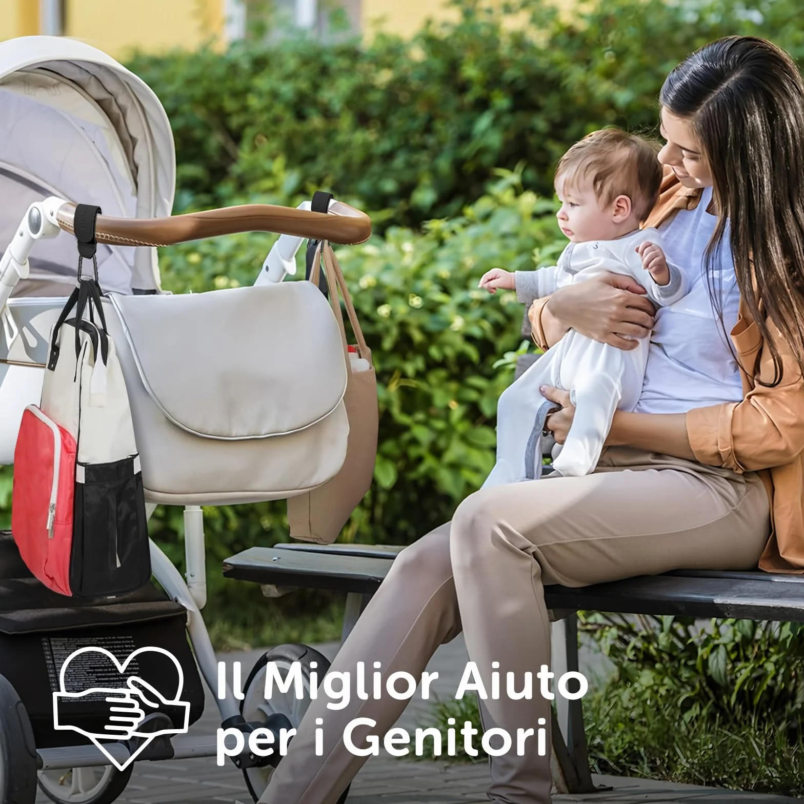 Ganci per Passeggino Porta Borse in Pelle, 2 Pezzi Universali Accessori Passeggino per Appendere Borse, Zaini e Borsa della Spesa, Antiscivolo, Cuciture Forti (Nero)