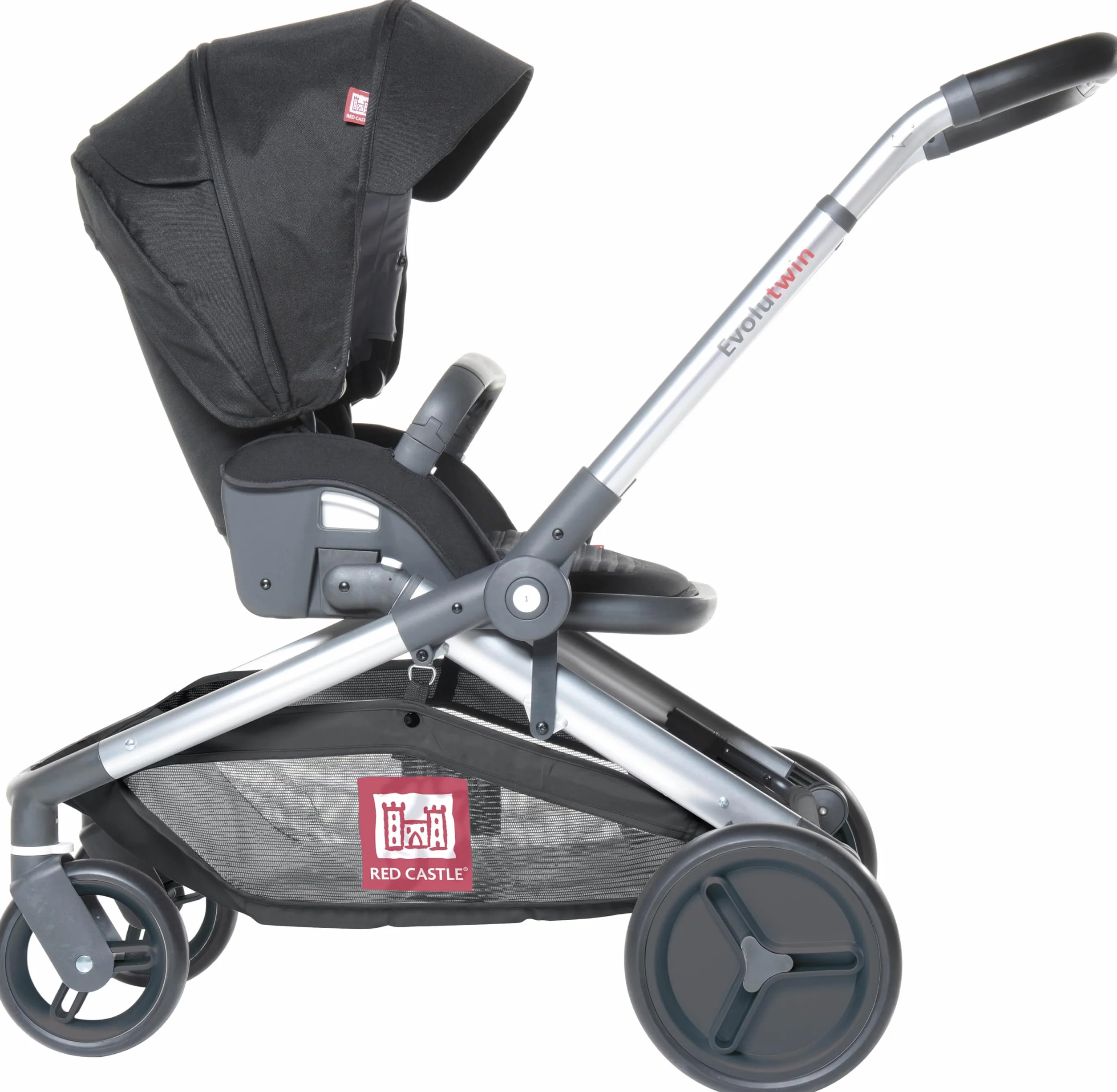 RED CASTLE, Passeggino Gemellare/Tandem/Doppio, dalla nascita, sedute reversibili con schienale reclinabile a 3 posizioni, grande cestino portaoggetti, telaio regolabile e modulabile, Evolutwin,Nero