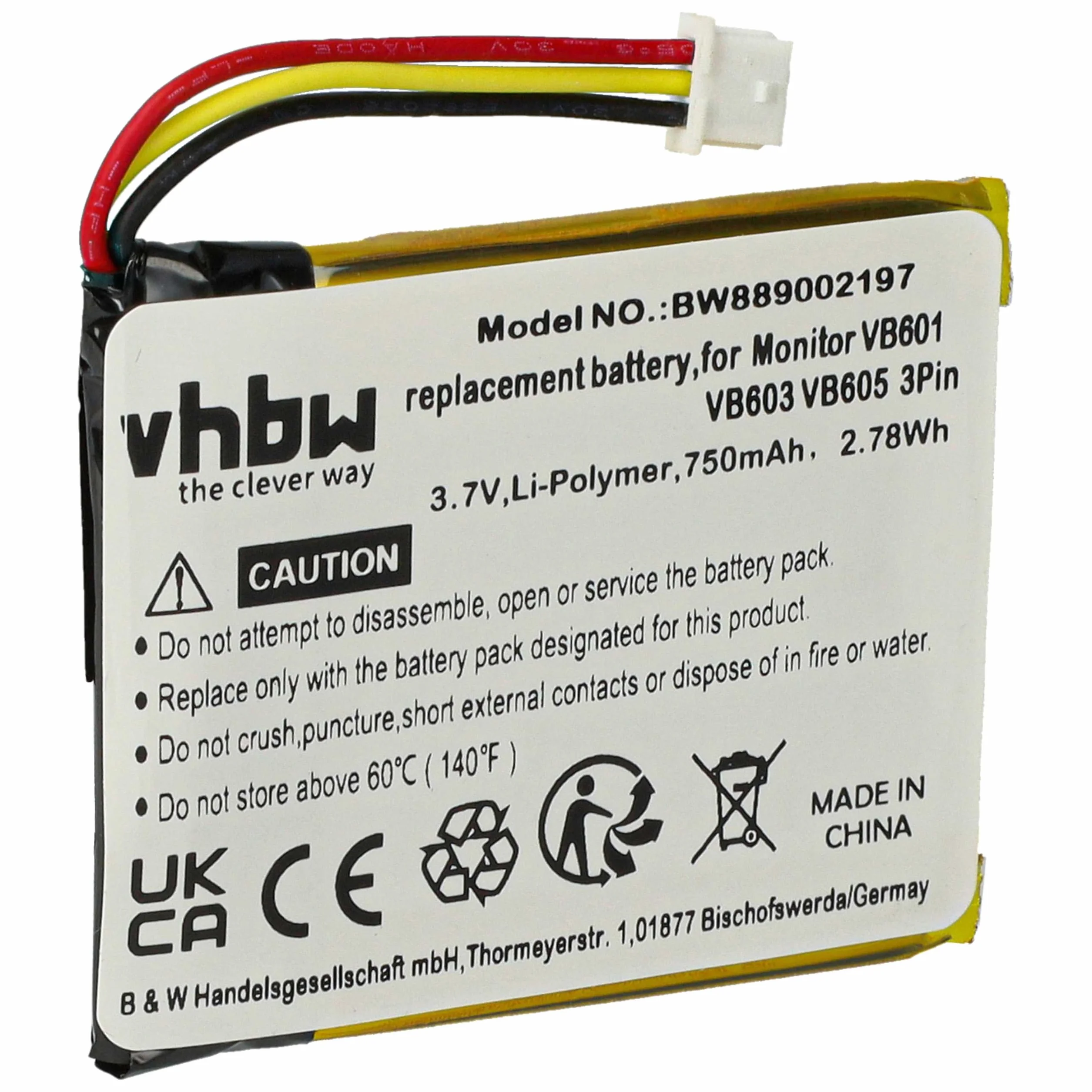 vhbw batteria compatibile con Boifun VB603, VB601, E40, VB610, VB605 babyphone (750mAh, 3,7V, Li-Poly)