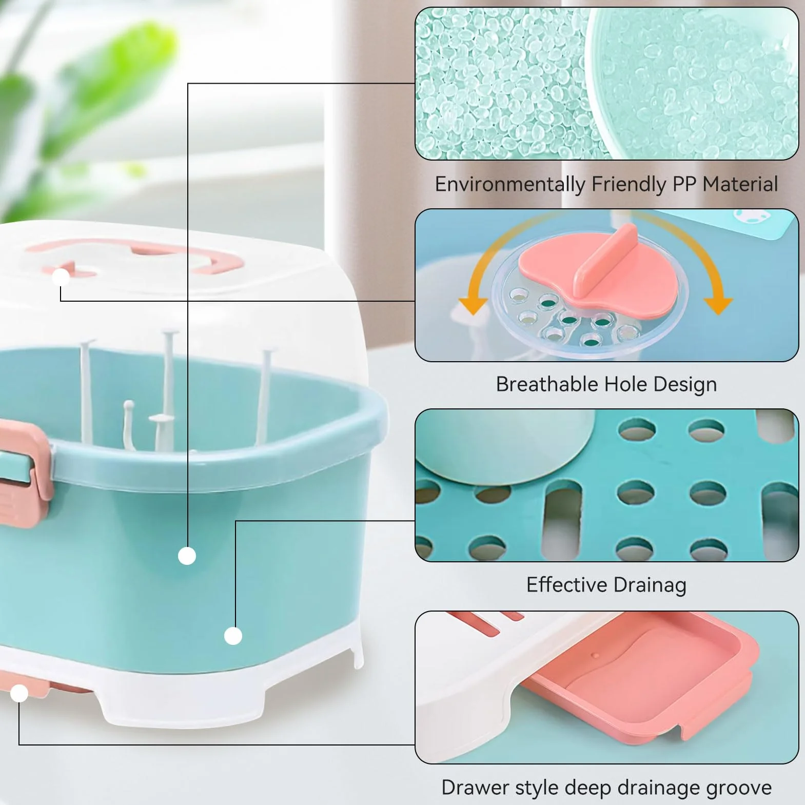 Contenitore per Scolabiberon, Contenitore per Posate per Allattamento con Coperchio, Contenitore per Biberon con Scolapiatti per Organizer per Armadietto(Verde)