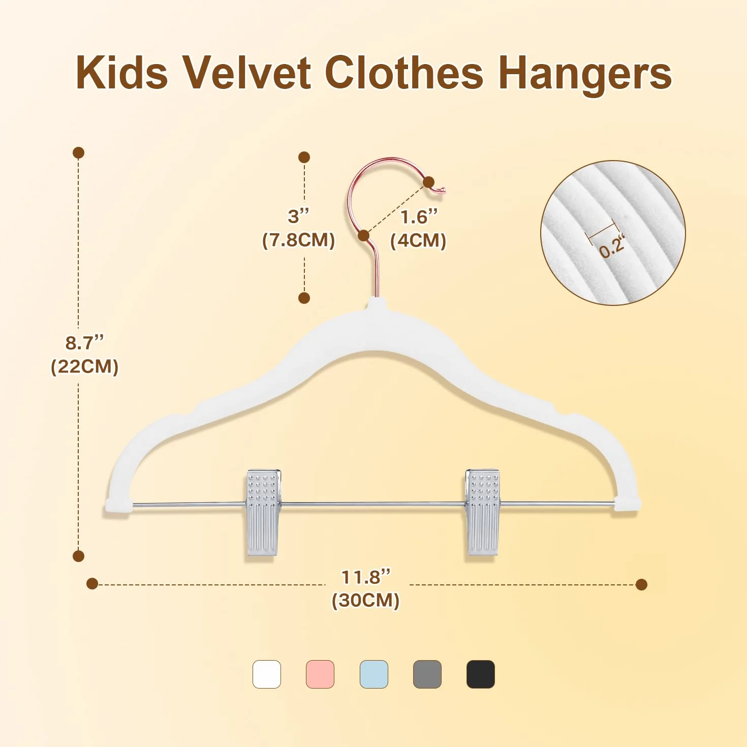 Appendiabiti per Bambini con clip, 30cm Grucce per Bambini con Ganci Girevoli a 360°, Grucce di Velluto Antiscivolo per Camicie, Pantaloni, Gonne, Abiti, Giacche 14 Pezzi Bianco (Oro Rosa)