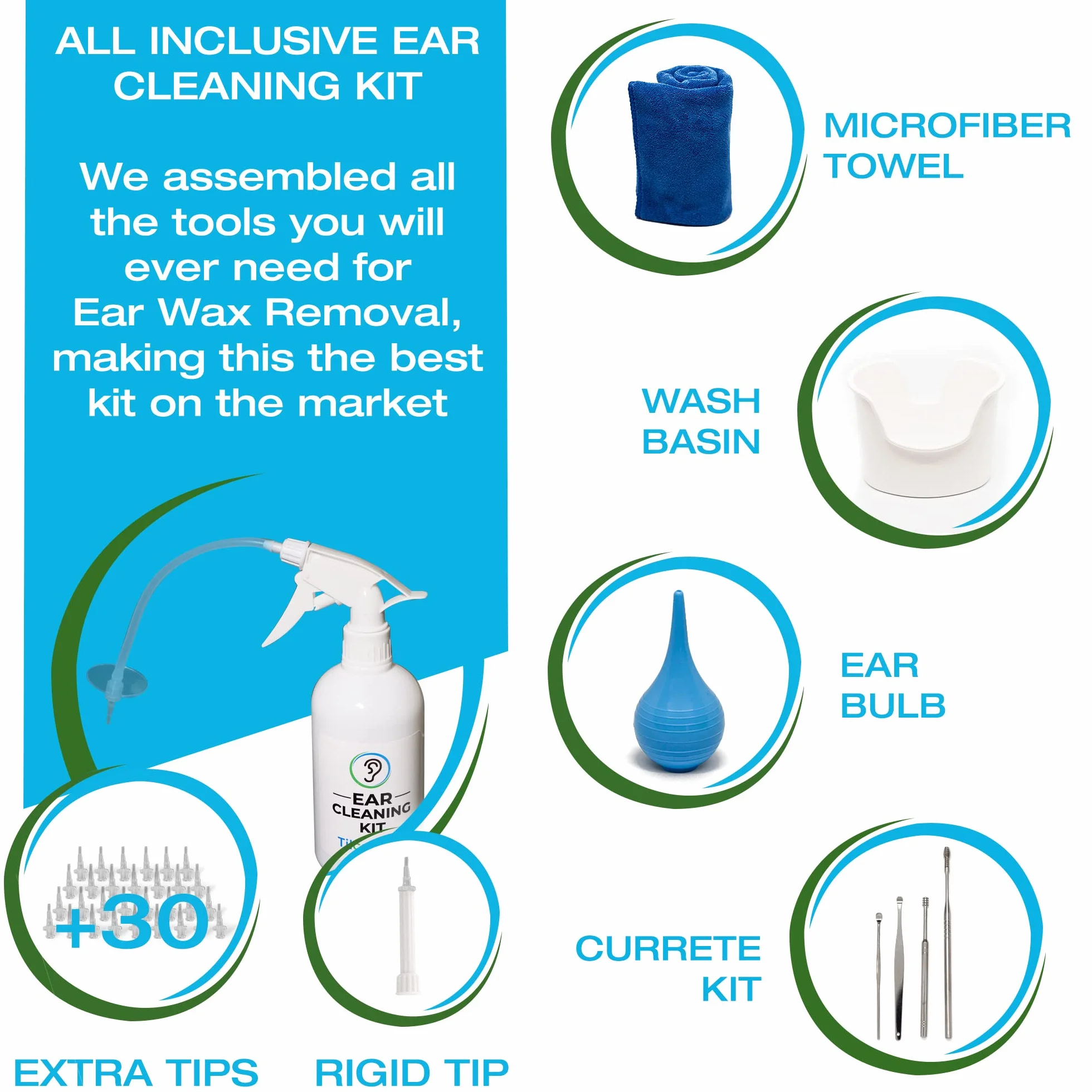 Kit Per Rimozione Cerume Di Tilcare - Sistema Di Irrigazione Per Orecchie Per Adults E Bambini - Kit Pulizia Orecchie - Include Bacinella, Siringa, Kit Di Curette, Asciugamano e 30 Punte monouso