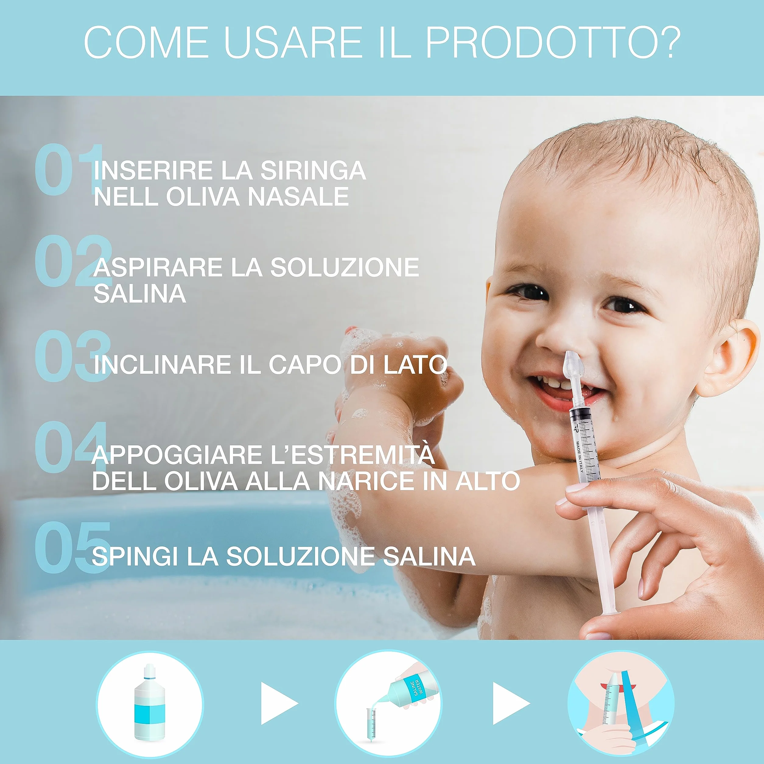 TRE PURI® 2 Siringa per Lavaggi Nasali Bambini e Neonato Made in Italy – Set Lavaggio Nasale Bambini e Adulti – Kit Professionale Siringhe e Olive per Soluzione Fisiologica – Tappini e E-book OMAGGIO