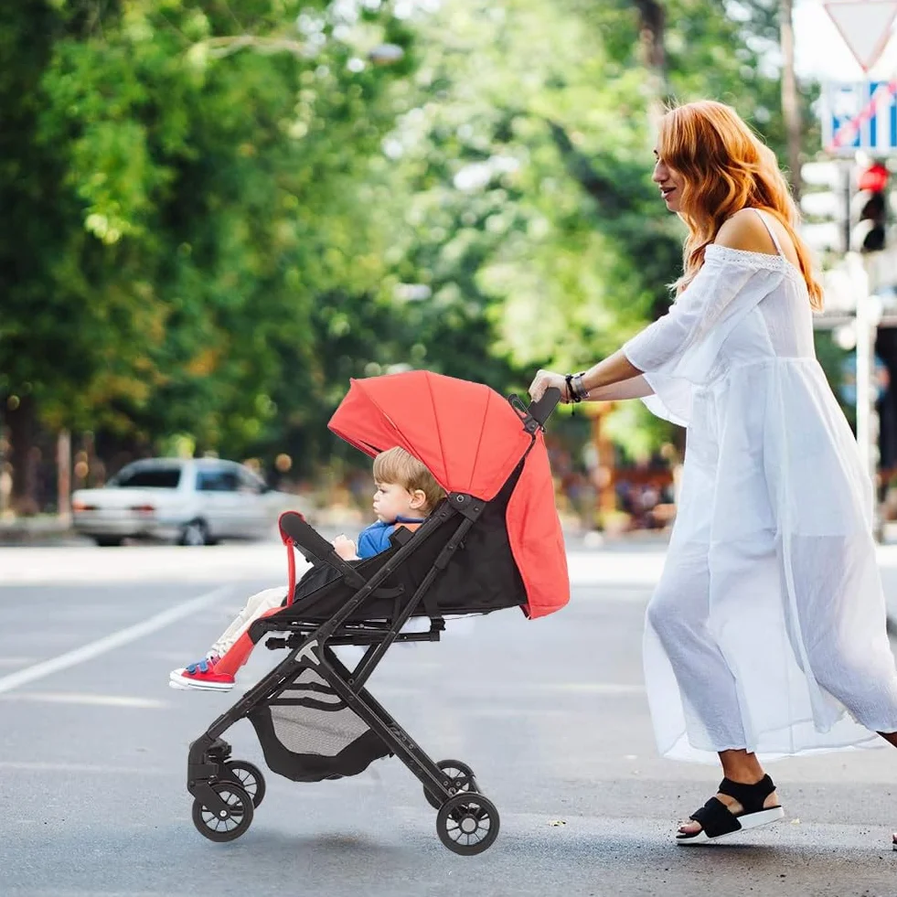 BAKAJI Passeggino Pro Ultra Leggero con Chiusura Facilitata Portata Massima 15 kg, Schienale Reclinabile con Cintura di Sicurezza a 5 Punti, Pieghevole con Una Mano, Salvaspazio (Rosso)