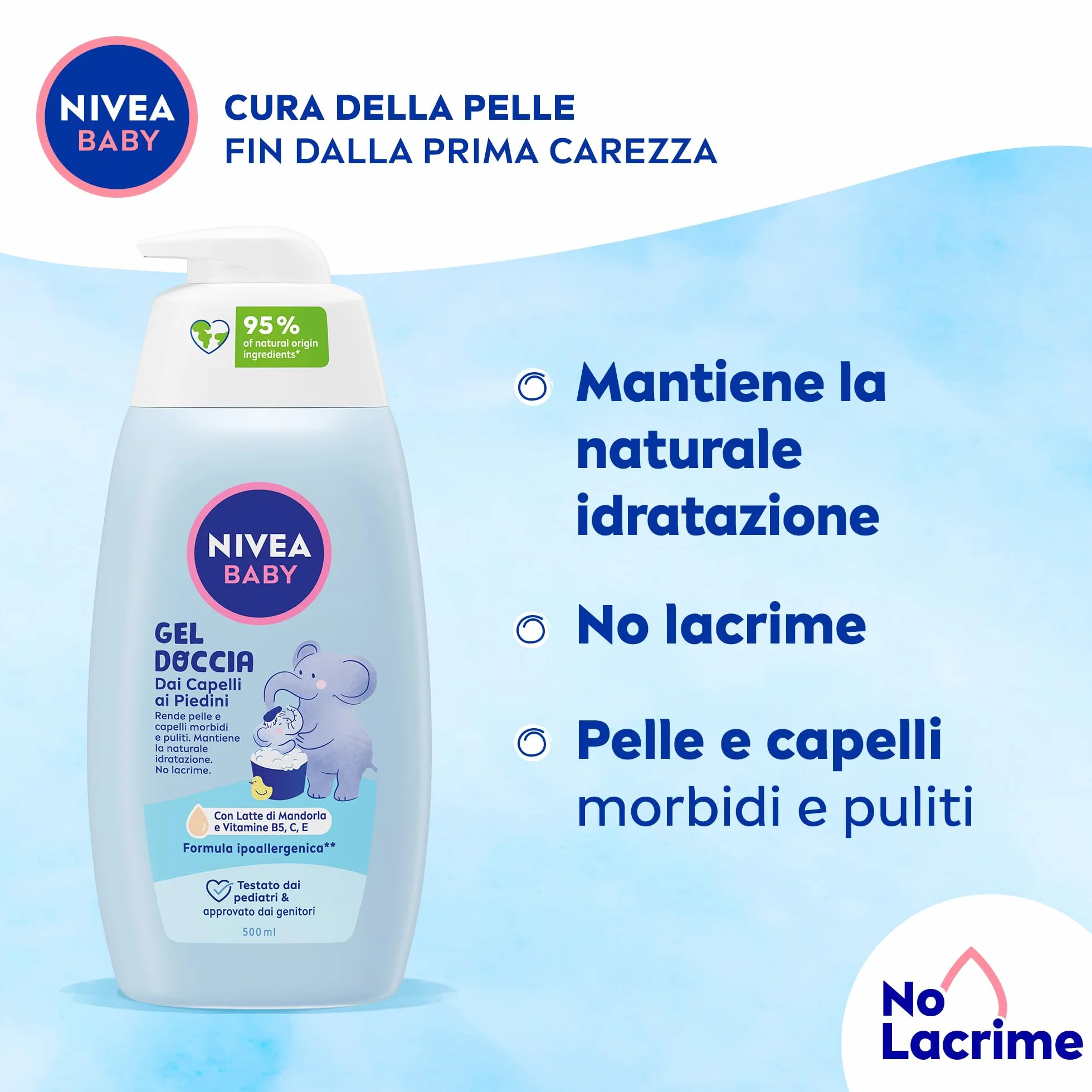 NIVEA BABY Gel Doccia dai Capelli ai Piedini 500ml, Bagnoschiuma bambini per pelle e capelli morbidi e puliti, Bagnoschiuma neonato con protezione no lacrime, Shampoo bambini idratante ed emolliente