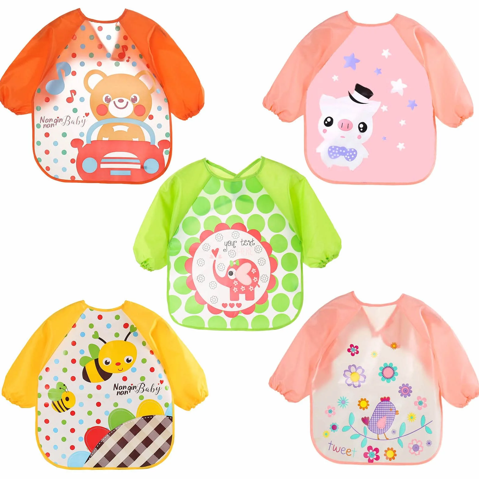 SLOSH Bavaglino Manica Impermeabile Lunghe Set di 5 Bavaglino Bambini Grembiule per Alimentazione Gioco Pittura Piccoli 6-36 Mesi