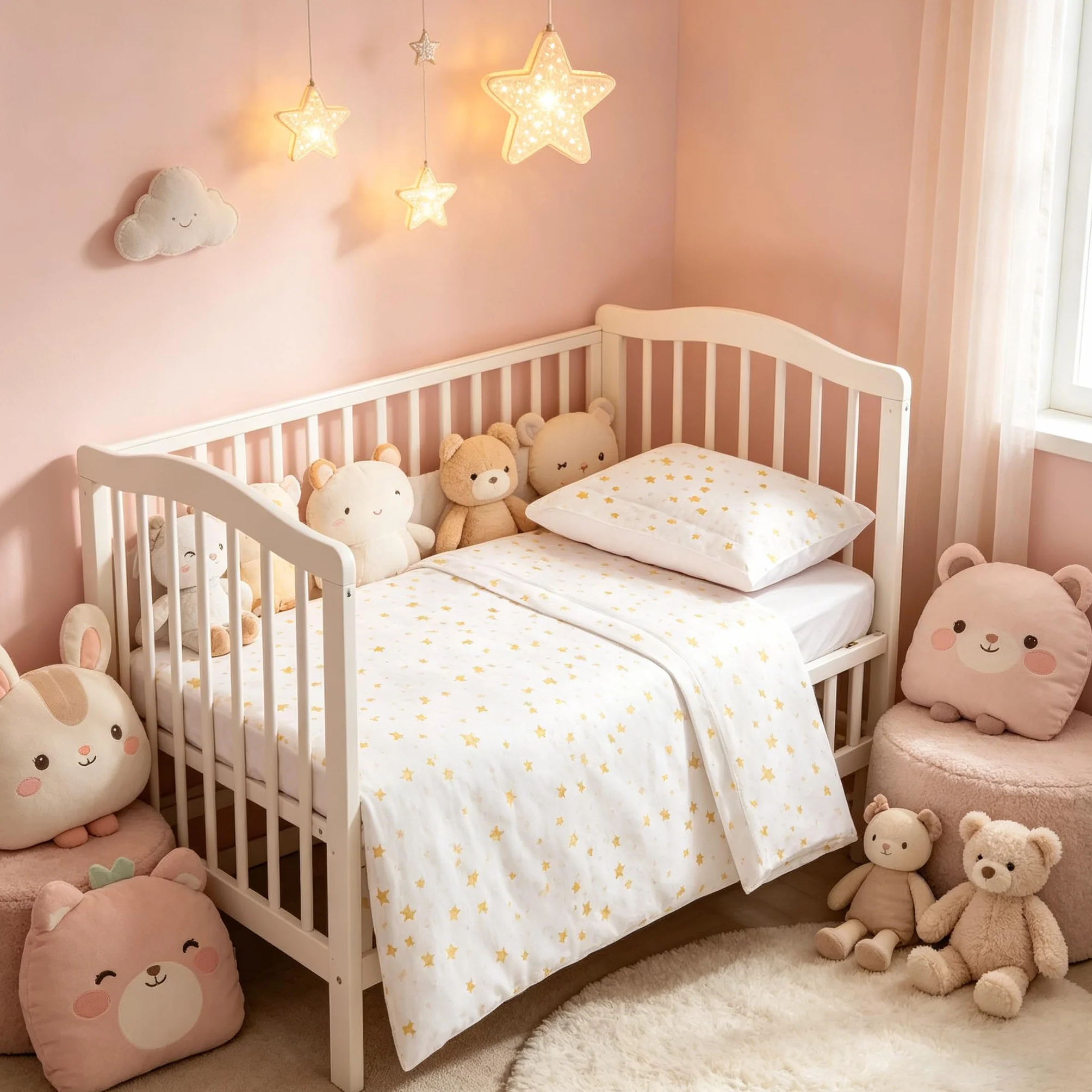 various Set Lenzuola Lettino Neonato 60x120 cm, 100% Cotone Extra Morbido, Include Lenzuolo con Angoli, Lenzuolo Sopra e Federa, Biancheria Letto Bambino Traspirante Motivo Stelle Beige