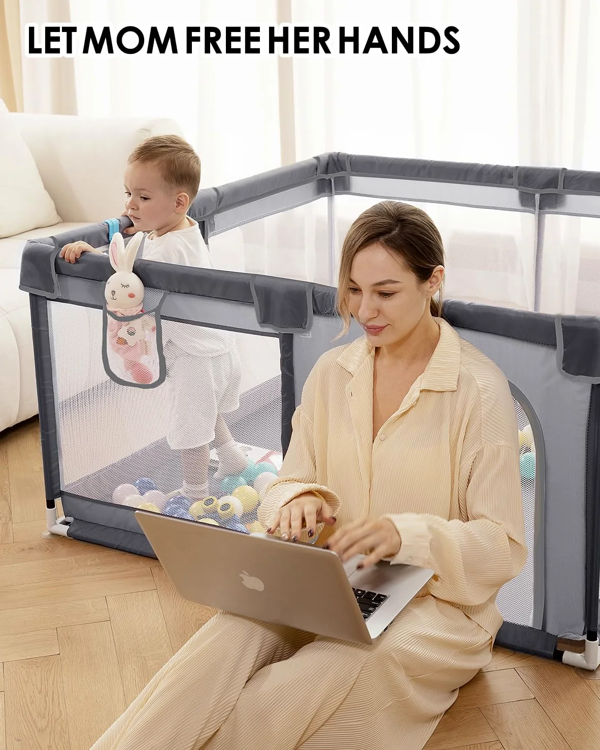 Box per bambini con tappetino morbido, extra large, area giochi sicura per interni ed esterni, con base antiscivolo, facile da montare e riporre, senza BPA (130 x 130 x 66 cm, grigio)