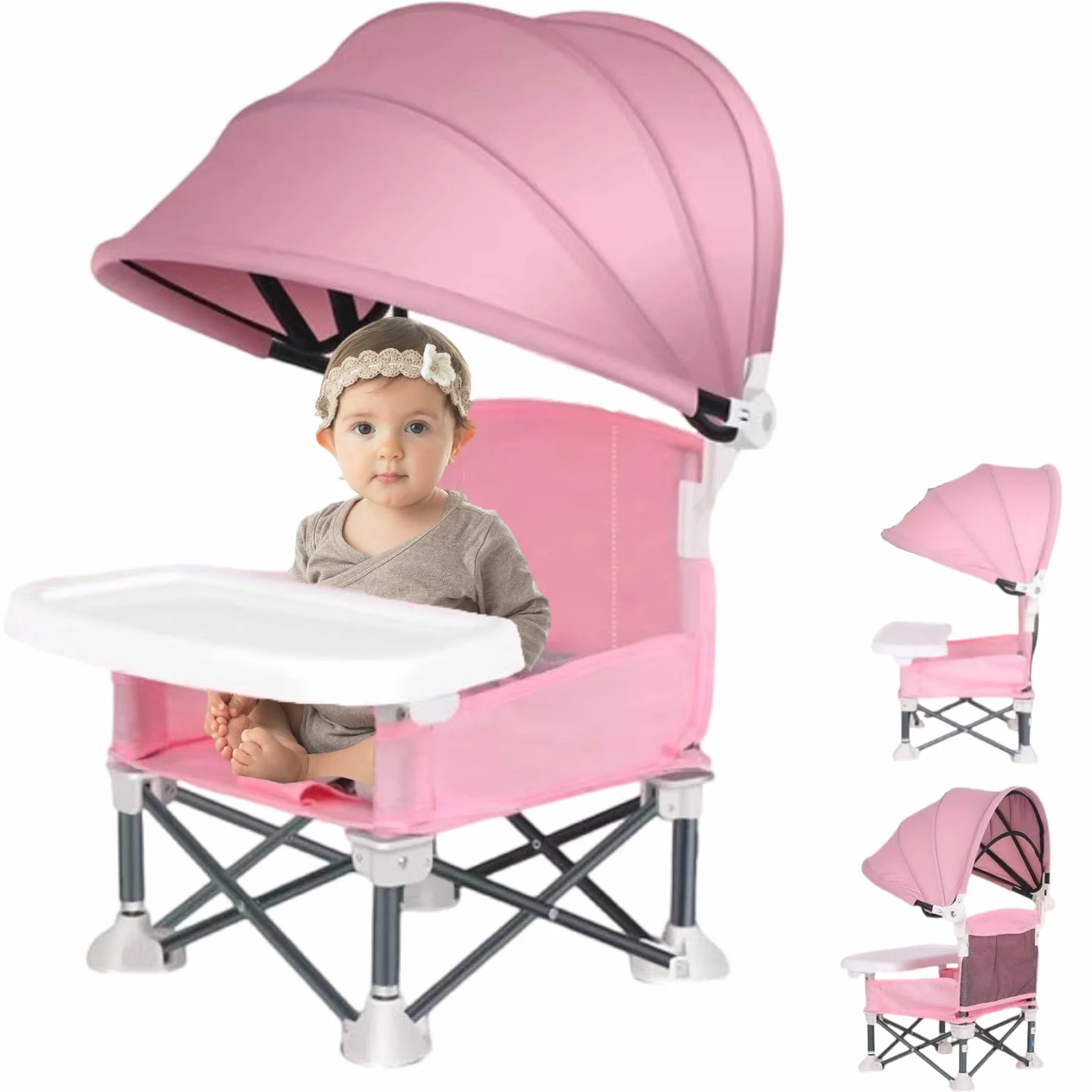 Little Bean Seggiolone pieghevole per bambini, da viaggio, portatile, con vassoio rimovibile, per interni ed esterni, sedia da campeggio, per bambini (rosa)