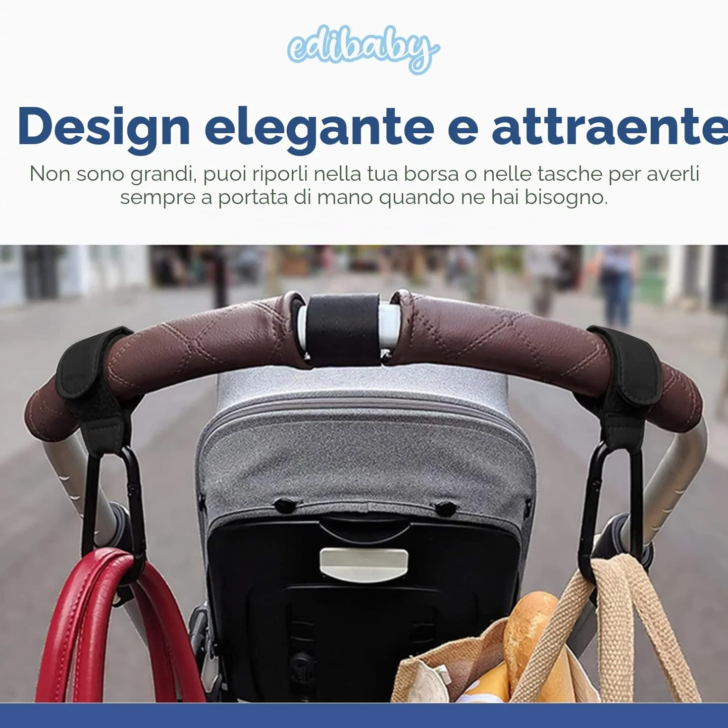 Edibaby, Ganci Passeggino, in Pelle, 2 Unità, Universale, Moschettoni per Carrozzina, per Borsa Passeggino, Zaini, etc (Nero)