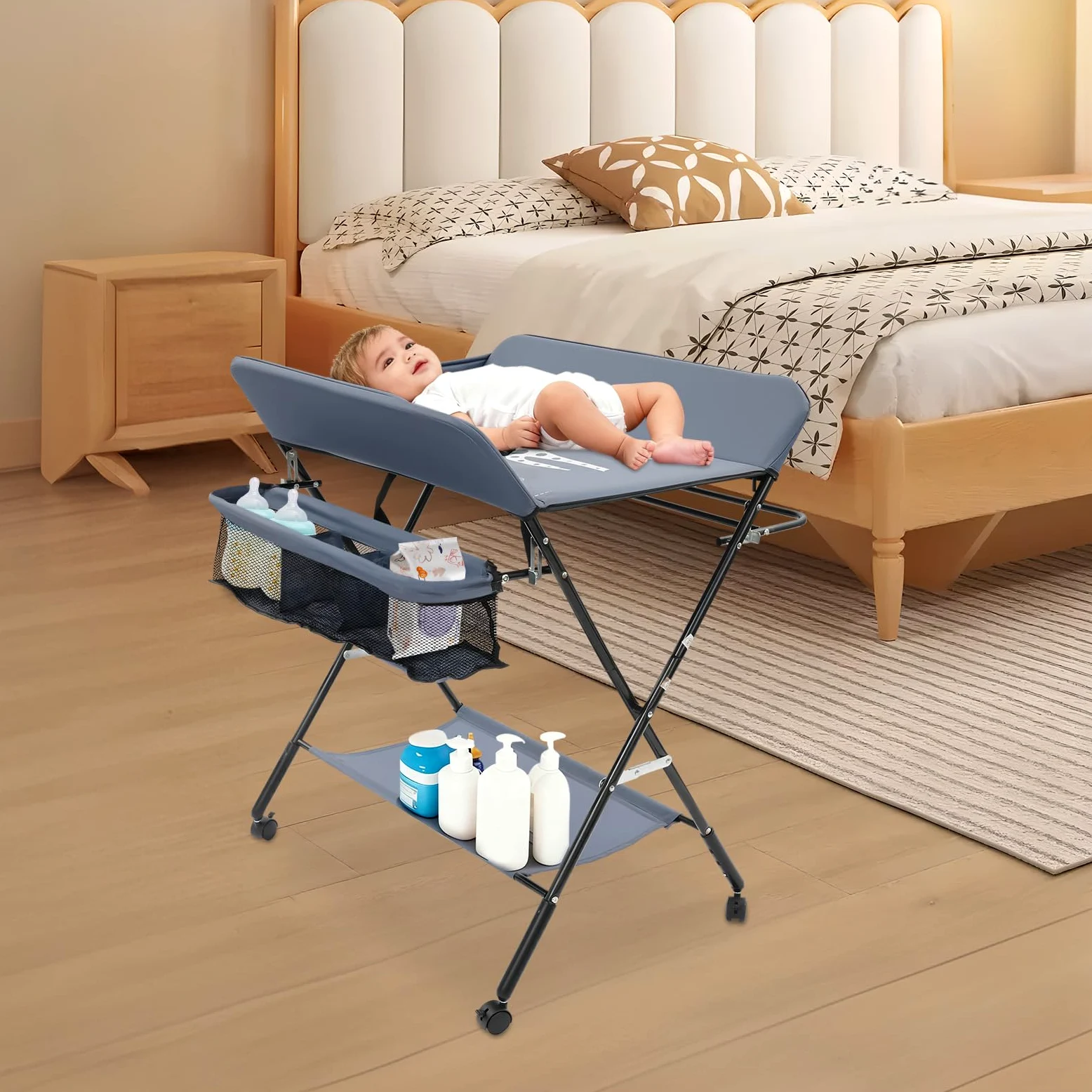Fasciatoio regolabile in altezza, pieghevole con spazio di archiviazione, fasciatoio portatile, Oxford traspirante, cintura di sicurezza, 80 x 63 x 96 cm, grigio, 25 kg, piccolo bagno, viaggio, 12 cm