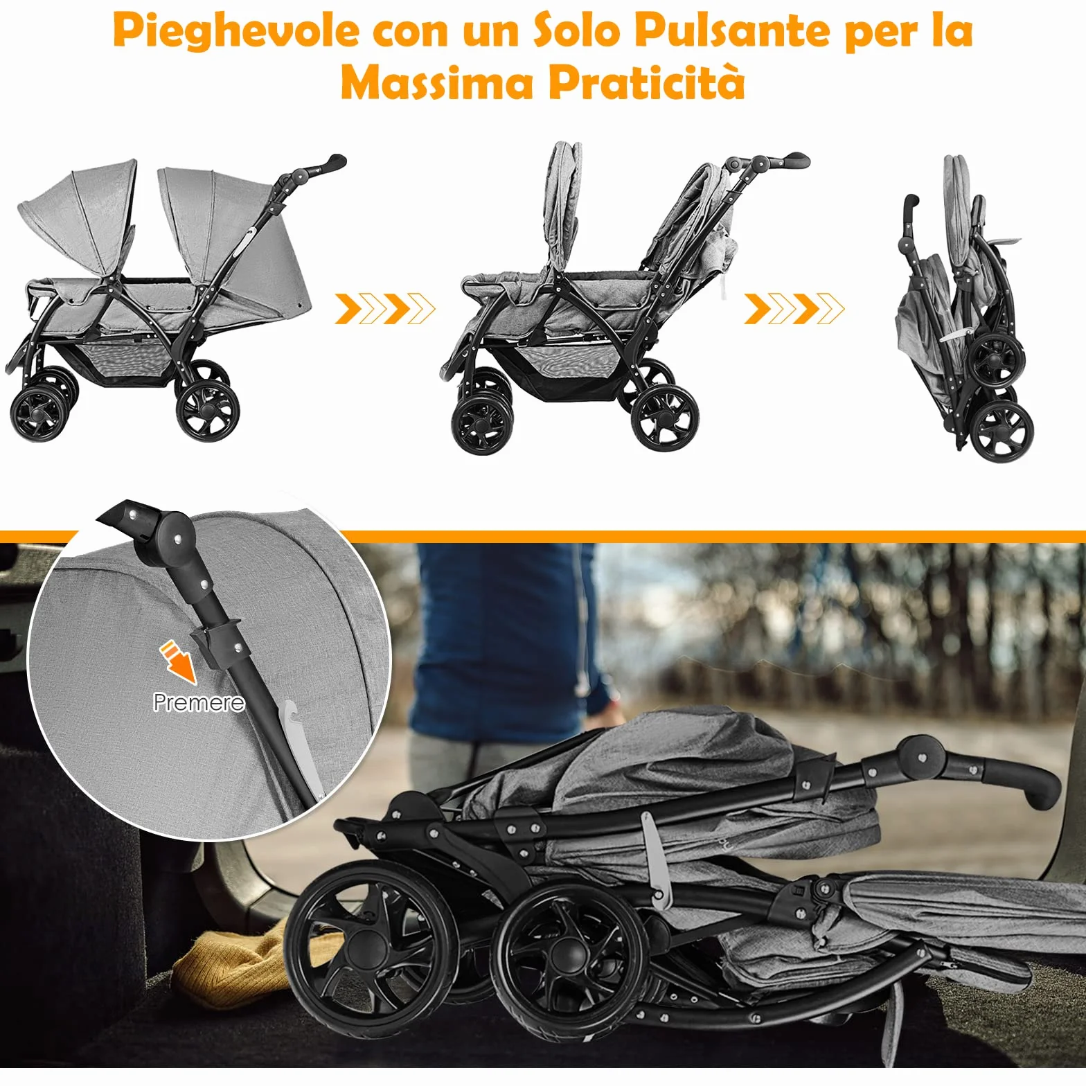 RELAX4LIFE Passeggino Pieghevole Gemellare con Ruote Universali, 2 Cintura di Sicurezza a 5 Punti, 2 Tettoie Regolabili, Maniglia Regolabile per Neonati 0-36 Mesi (GRIGIO)