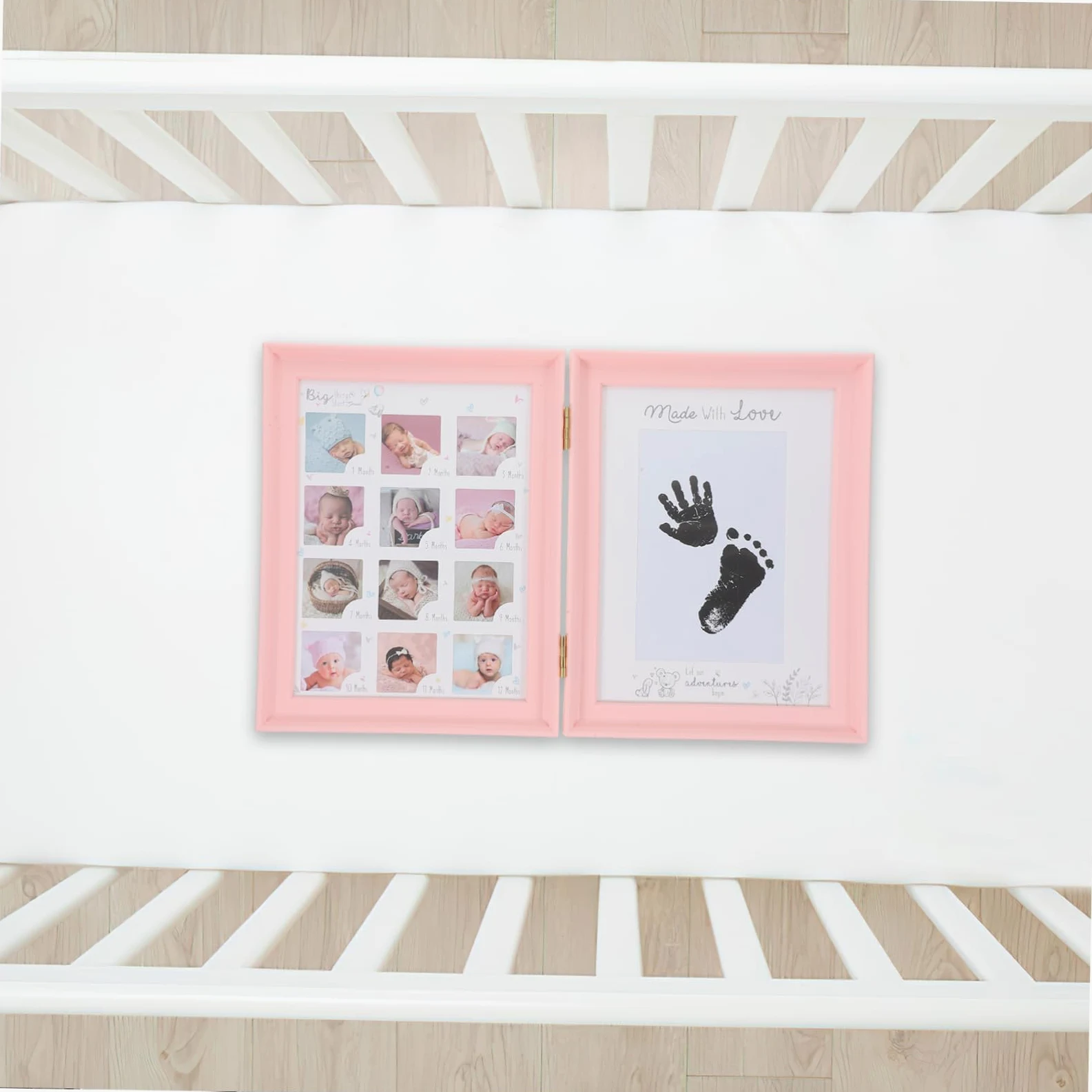 Cornice Ricordo Crescita Bebè Rosa, Doppia Apertura, Kit Impronte Mani e Piedi, in Plastica Pvc e Cartone, Regalo Nascita e Compleanno