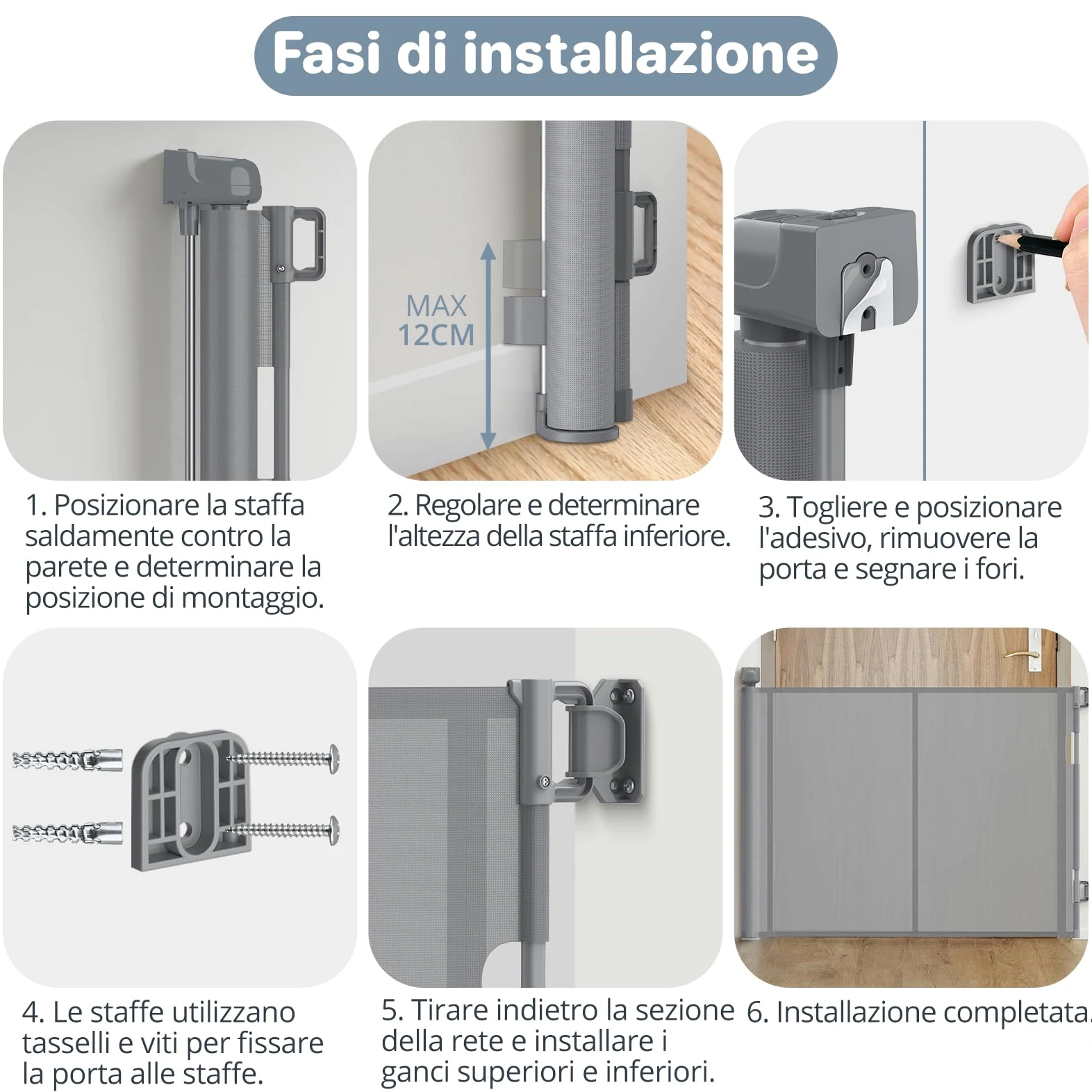 Cancelletto di Sicurezza Retrattile per Bambini, 0-140 cm, Cancelletto di Sicurezza per Cani, Cancello Bambini Adatto per Scale, Corridoi, Interni ed Esterni Grigio