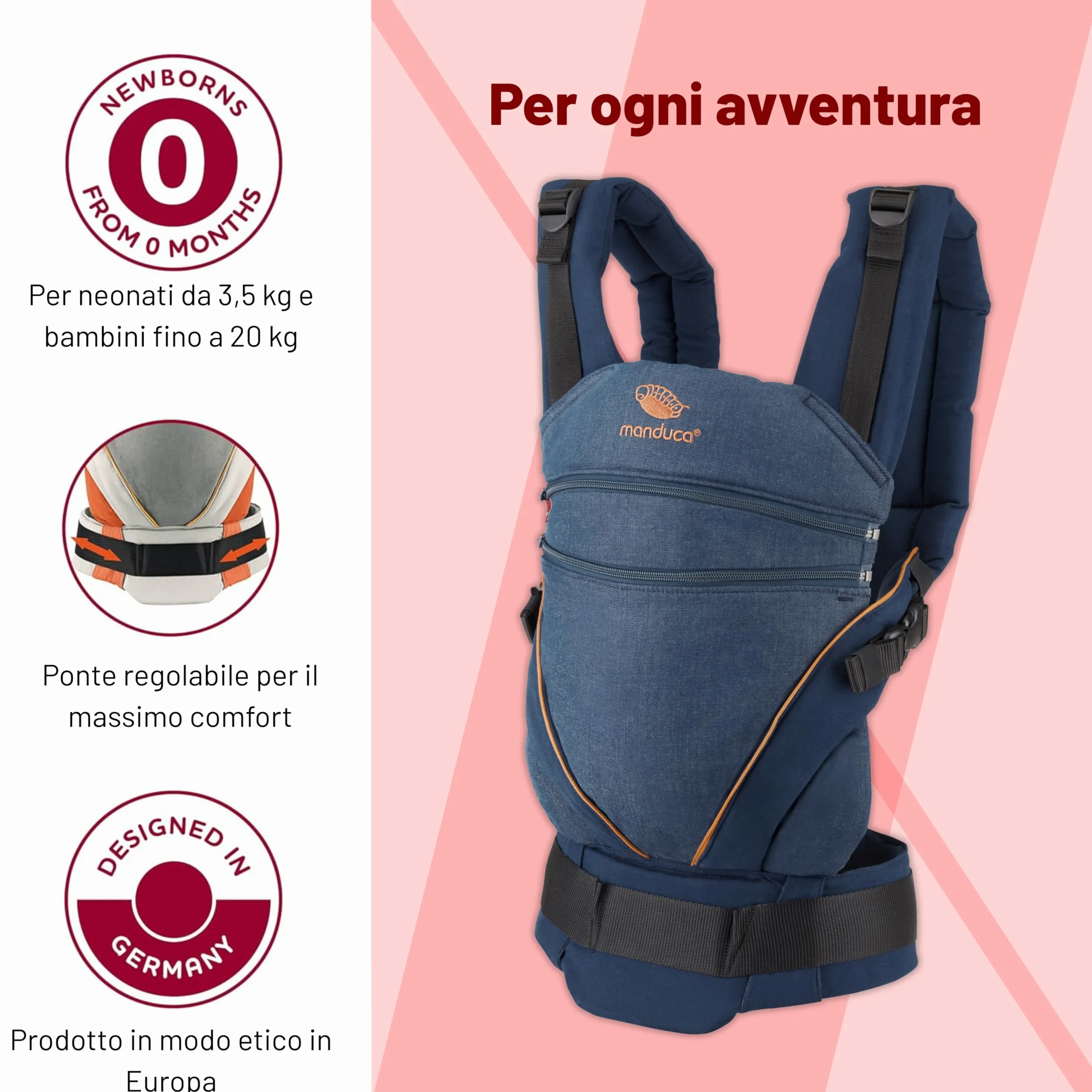 manduca XT Baby Carrier > Uno per Tutti < Marsupio Ergonomico e Flessibile con Seduta Regolabile, Neonati dalla Nascita e Bambini fino a 20kg, Cotone Biologico (denimblue-toffee/jeans blu-caramello)