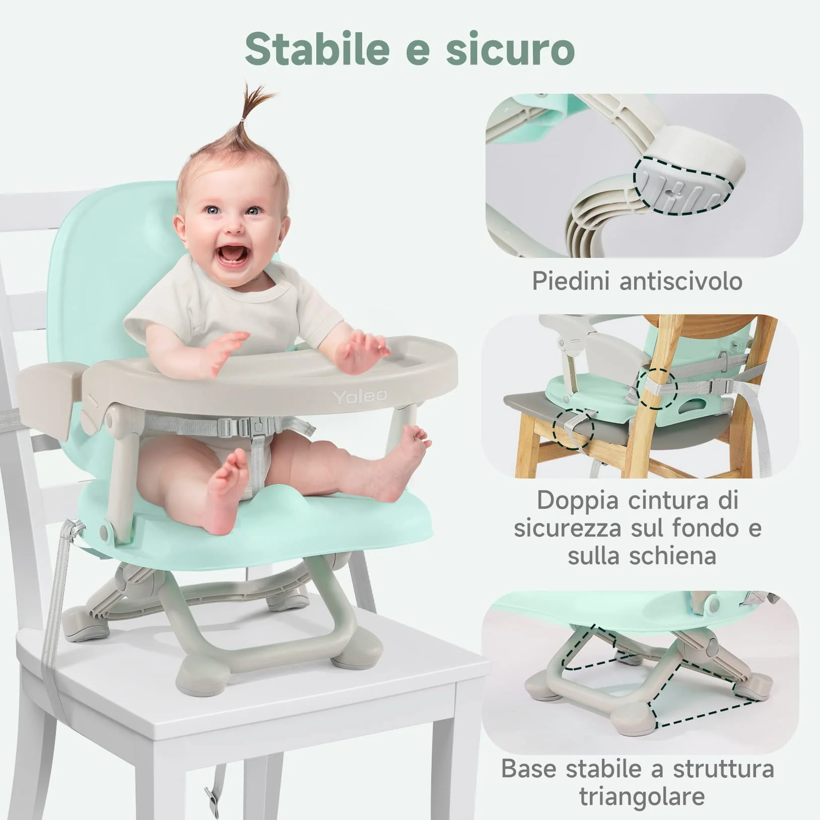 YOLEO Seggiolone Pappa, Portatile Rialzo Sedia Bambini per 6-36 mesi, Seggiolino per Bambini Regolabile con Chiusura Compatta e Vassoio Rimovibile, per uso Interno/Esterno (Verde senza Cuscino)