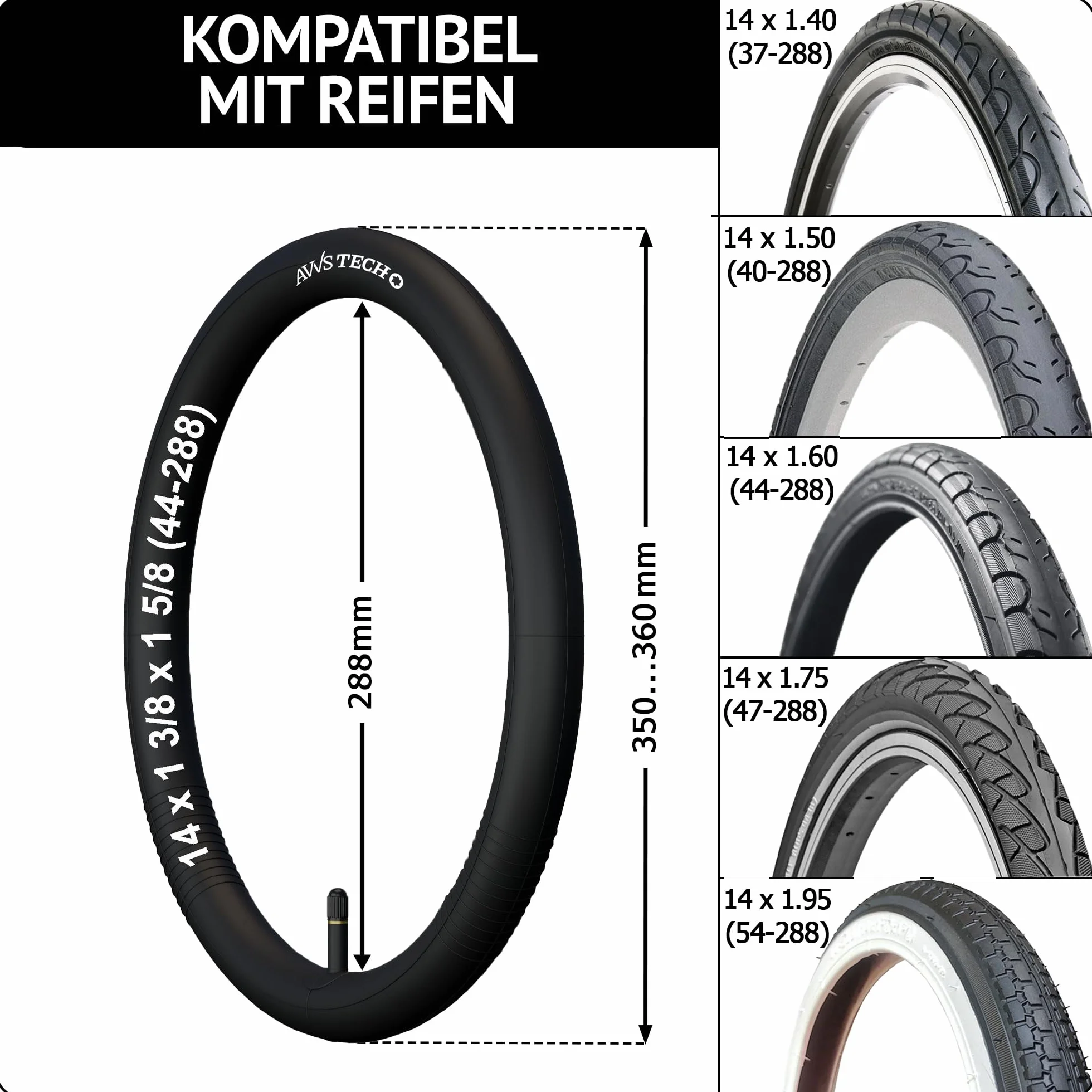 14 x 1 3/8 x 1 5/8 (44-288) camera passeggino 14" con valvola dritta e leve di montaggio | Confezione 2 pz | Compatibile con ruote monopattino, passeggino, triciclo, bici senza pedali e rimorchio