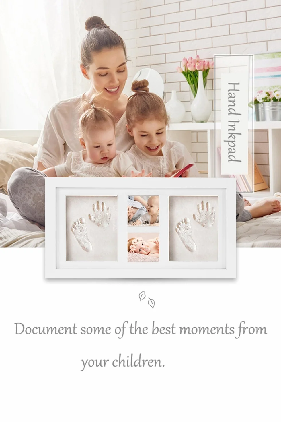Kit con Cornice in Legno Per Impronte di Neonati, per Piedi e Mani, con 6 confezioni di Cornici in Argilla, regalo per neonata femmina e regali neonato maschio-Regali Battesimo Bimbo