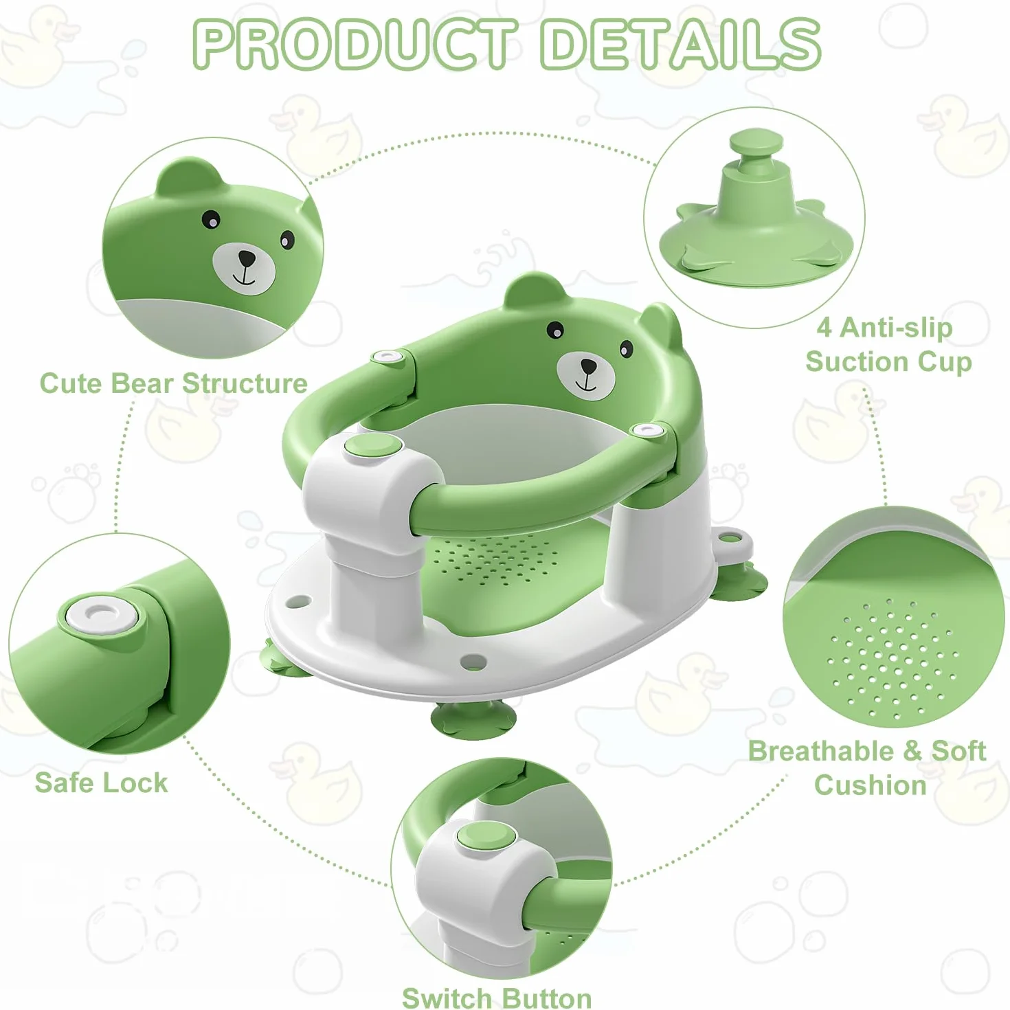 Seggiolino per Vasca da Bagno per Bambini a Partire da 6 Mesi, Seggiolino da Bagno Antiscivolo con 4 Ventose e Cuscino per Neonati, Sedia per Doccia Portatile per Doccia o Vasca da Bagno, Verde