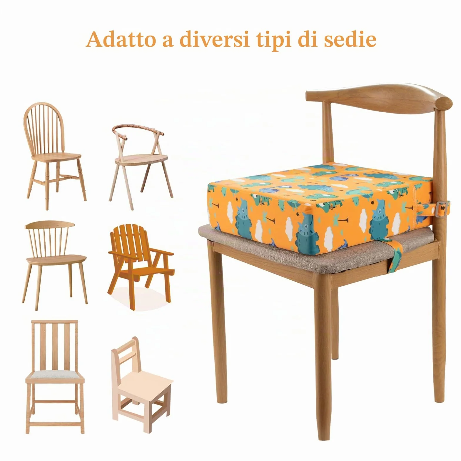 Rialzo Sedia Bambini - Cuscino Rialzo Sedia per Bambini,Supporto più Forte Fondo Antiscivolo Doppia Cinghia Sicura Cuscino(Arancione)