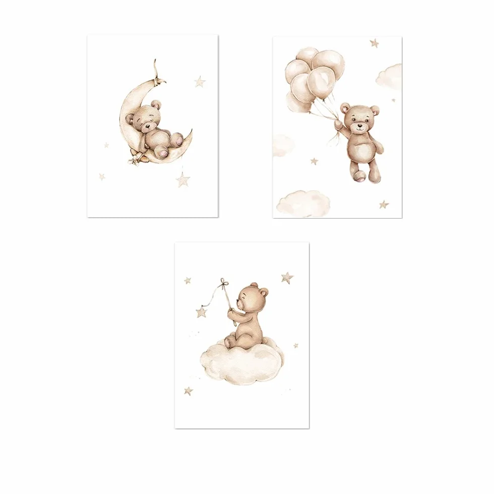 Youihom 3 Stampe per Cameretta Neonato Orso Beige Quadro Camera da Letto Bambini Palloncino Nuvola Luna 30x40 Quadretti Cameretta Ragazzo Stella Poster Tela senza Cornice