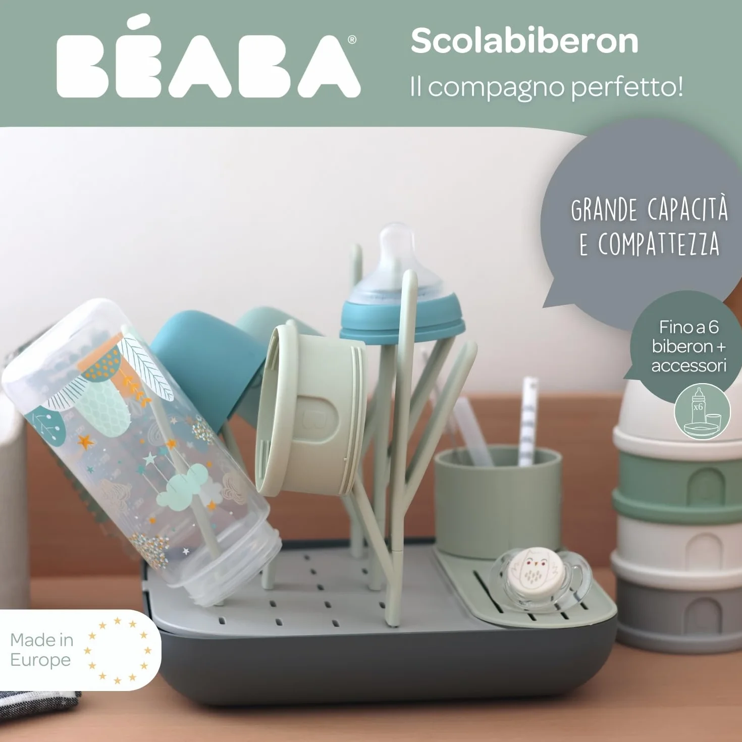 BEABA, Scolabiberon E Asciugabiberon, Grande Capacità, Modulare, Fino A 6 Biberon E Stoviglie Per Bambini, Vaso Accessorio, Drenaggio Ottimizzato, Facile Da Riporre, Compatto, Pratico, Salvia/Minerale