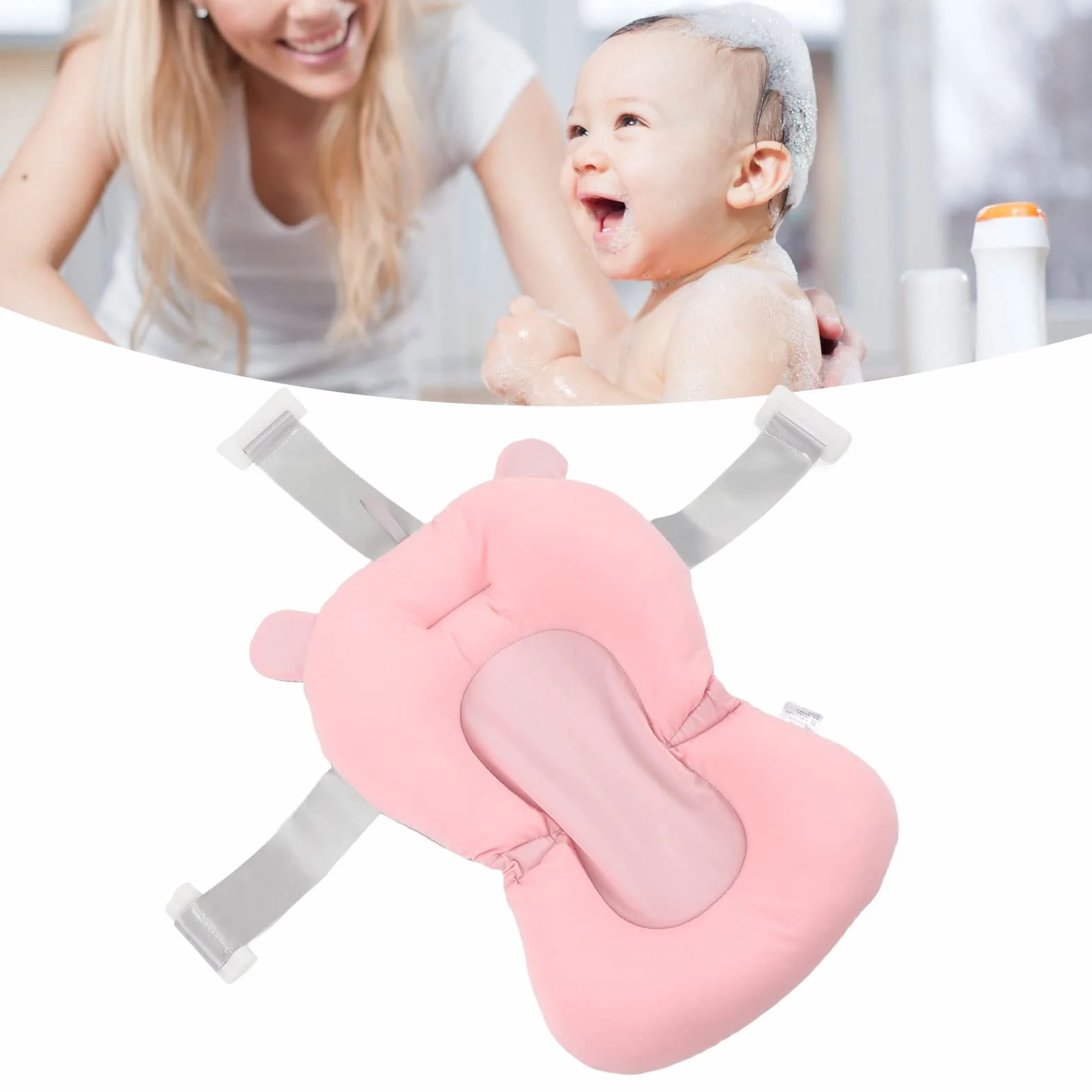 Cuscino da Seggiolino per Bagnetto Galleggiante, Supporto per Vaschetta per Neonato con Cinture di Sicurezza Pieghevoli Regolabili, Cuscino da Sedile per Bagnetto, 3 Cinture di