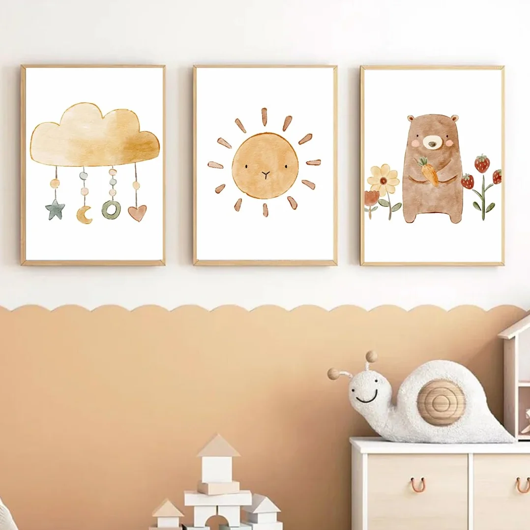 Set di 3 Quadri Tela 21x30cm, Poster Orsacchiotto Nuvole Sole per Cameretta dei Bambini, Stampe Senza Cornice Stile Boho per Decorazione Parete(Stile B)