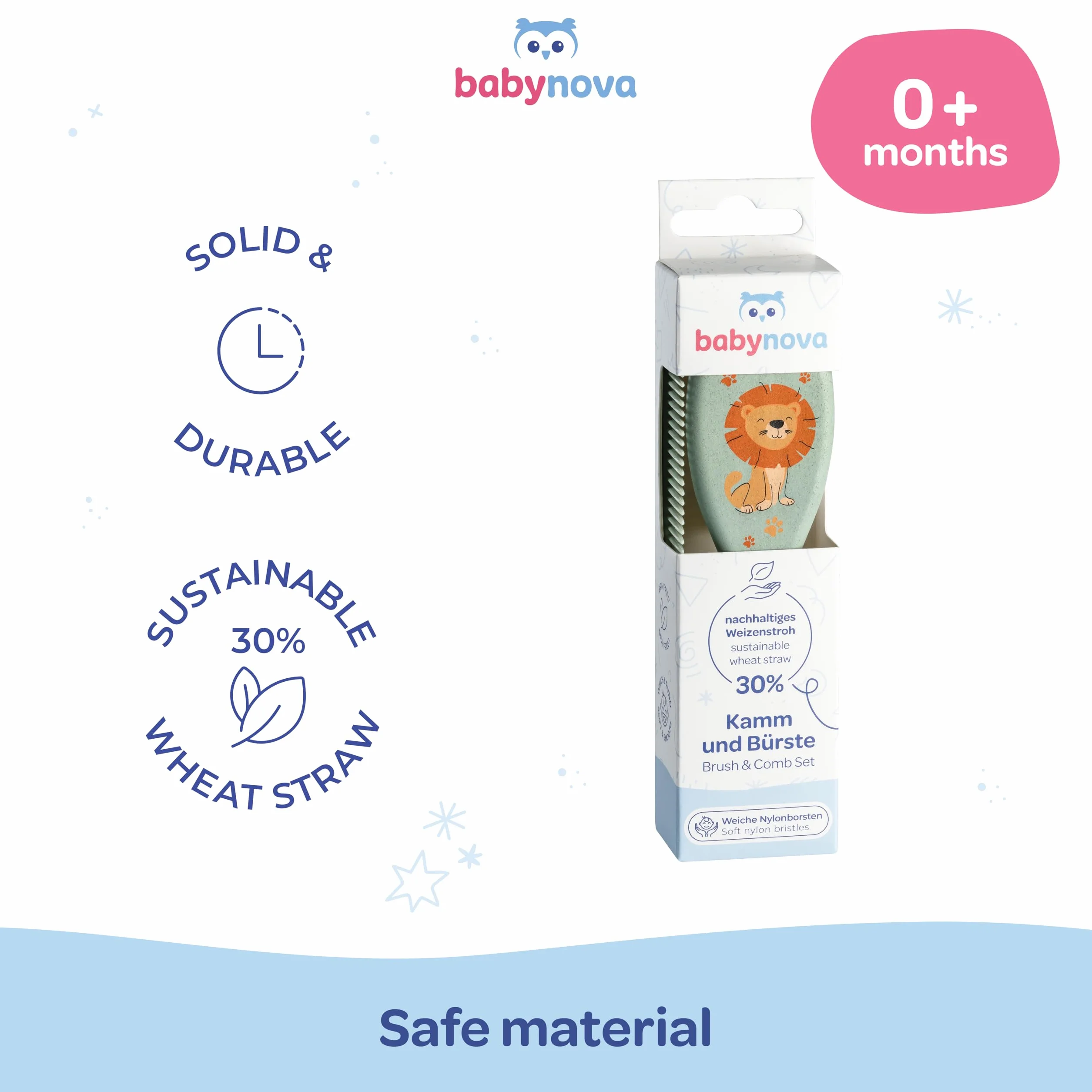 babynova Set Pettine & Spazzola – Set Cura dei Capelli con Setole in Nylon Naturale Ultra Morbide per Bambini & Neonati – Cura Delicata per Cuti Sensibili – Senza BPA – Verde leone
