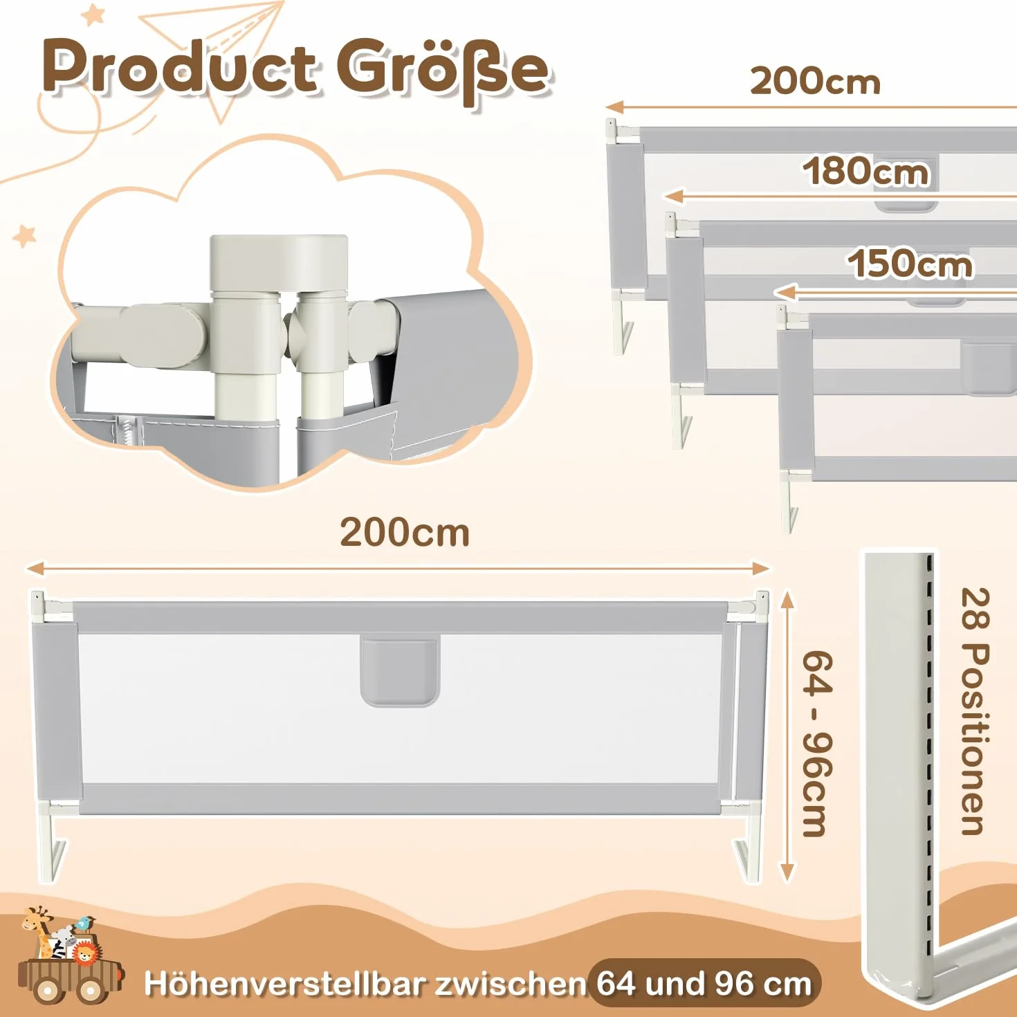 1x180CM+2x200CM Barriera per letto, Barriera pieghevole per letto per bambini, Protezione per letto per bambini per prevenire le cadute, Barriera per bambini piccoli, Facile da montare, Grigio