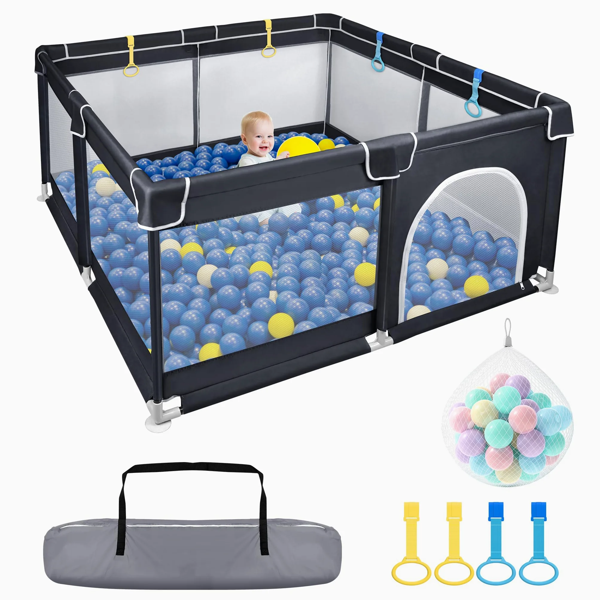 FIVMEN Box per bambini, 127 x 127 cm, con 50 palline, rete traspirante e 4 anelli, centro attività, griglia di protezione, colore: nero
