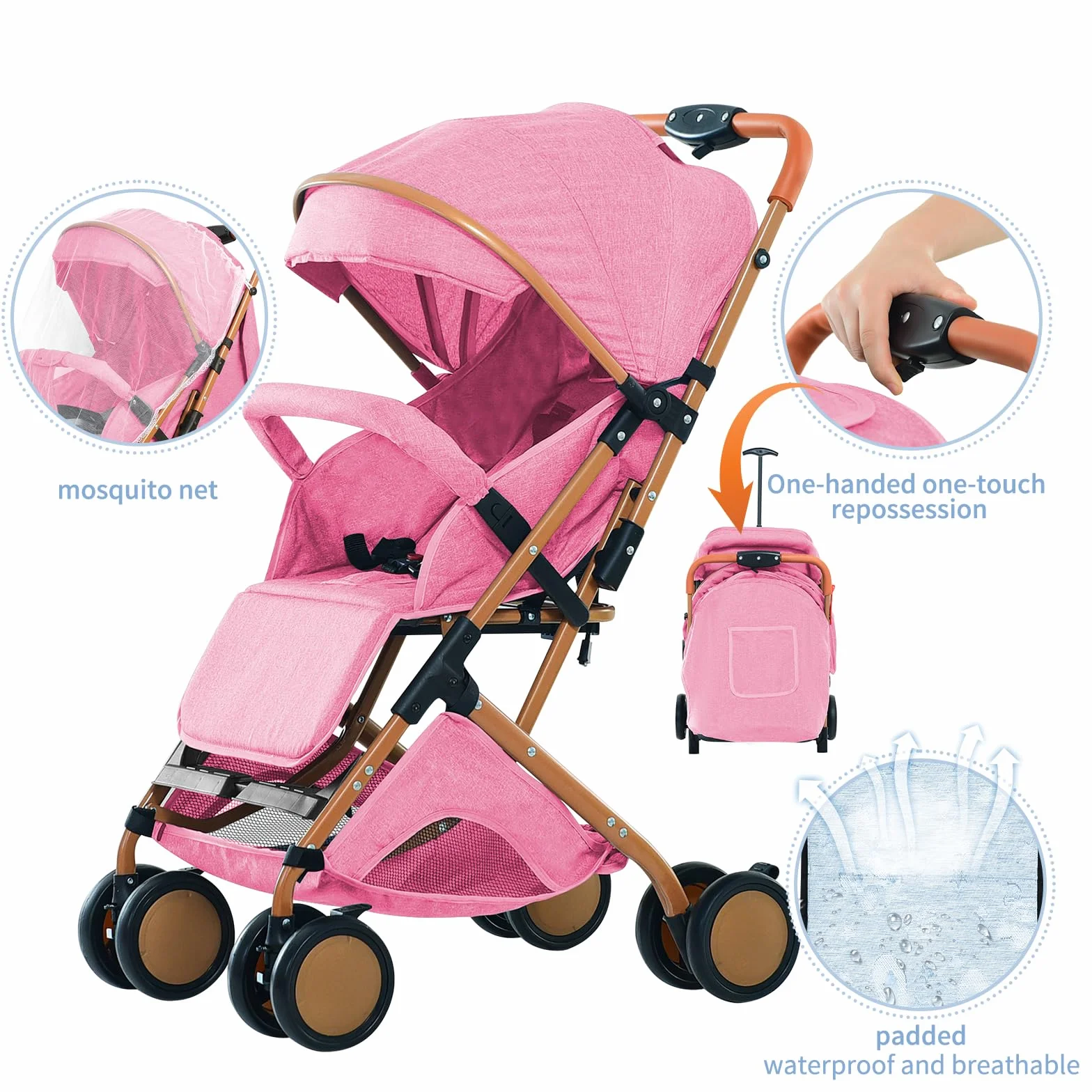 Passeggino Canne leggero e compatto, regolazione dello schienale fino alla posizione sdraiata, 45x71x98 cm, seduto/sdraio/spingere/tirare, zanzariera in cotone rosa