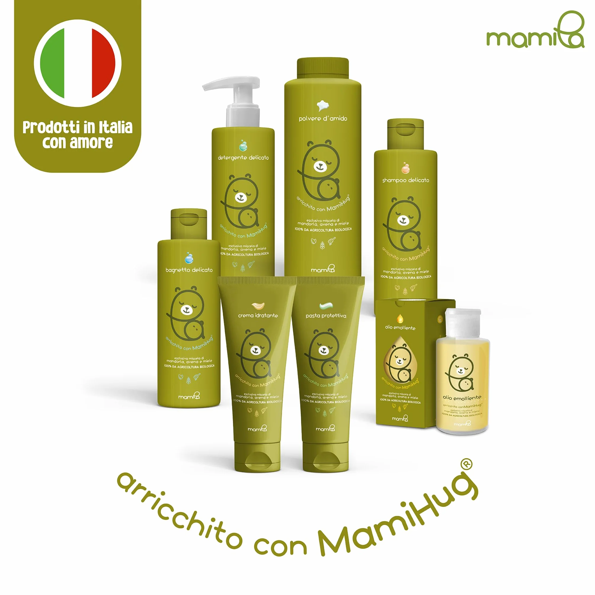 Mamila Set Completo per la Cura del Bambino, 7 Prodotti Essenziali MamiHug, Include Shampoo, Bagnetto, Detergente, Pasta Protettiva, Crema Idratante, Polvere d'Amido, Olio Emolliente