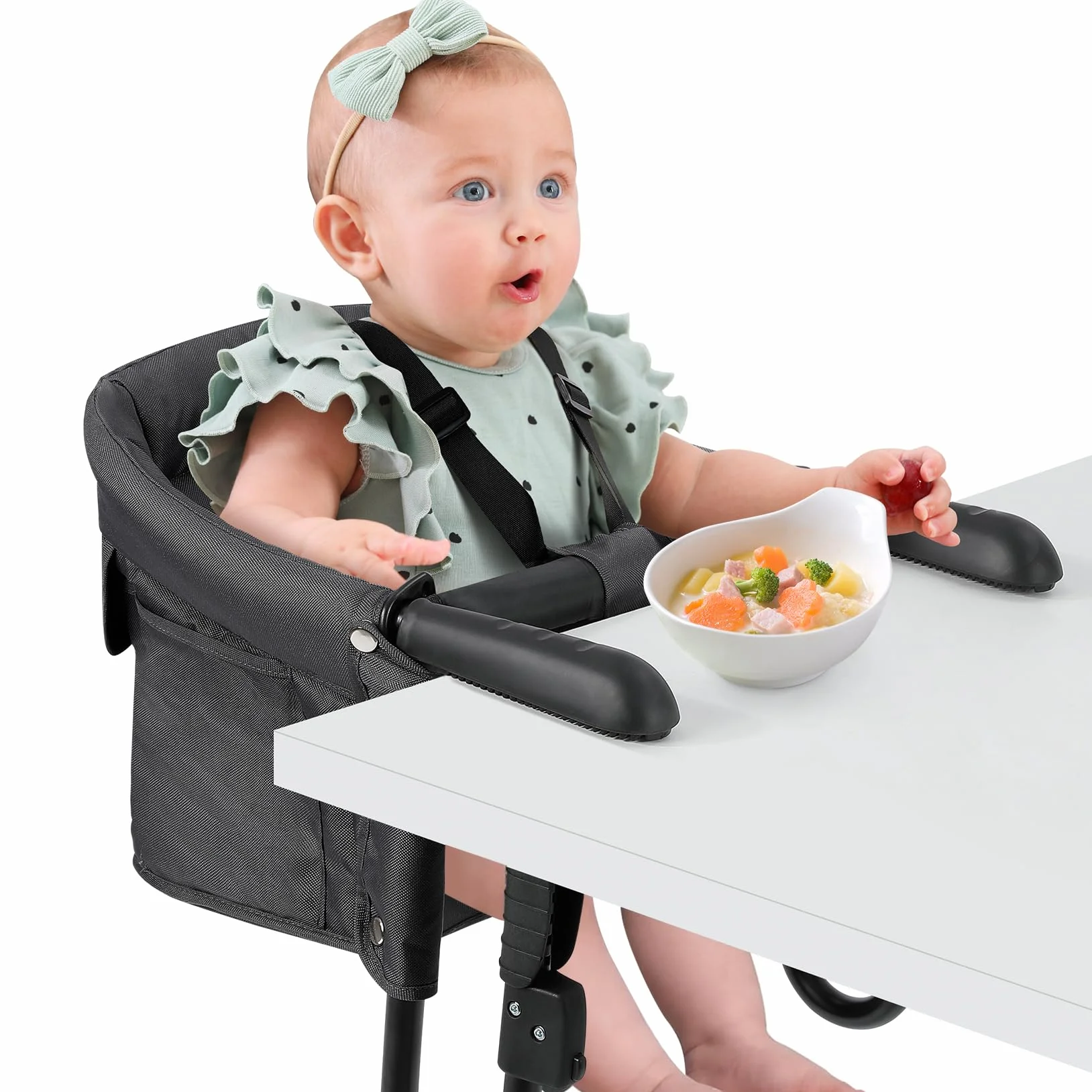 Ezebaby Seggiolone da Tavolo Pieghevole con Cintura di Sicurezza a 5 Punti e Borsa per il Trasporto di Spessore da 2,5 a 7,5 cm(Ferroso senza Vassoio))