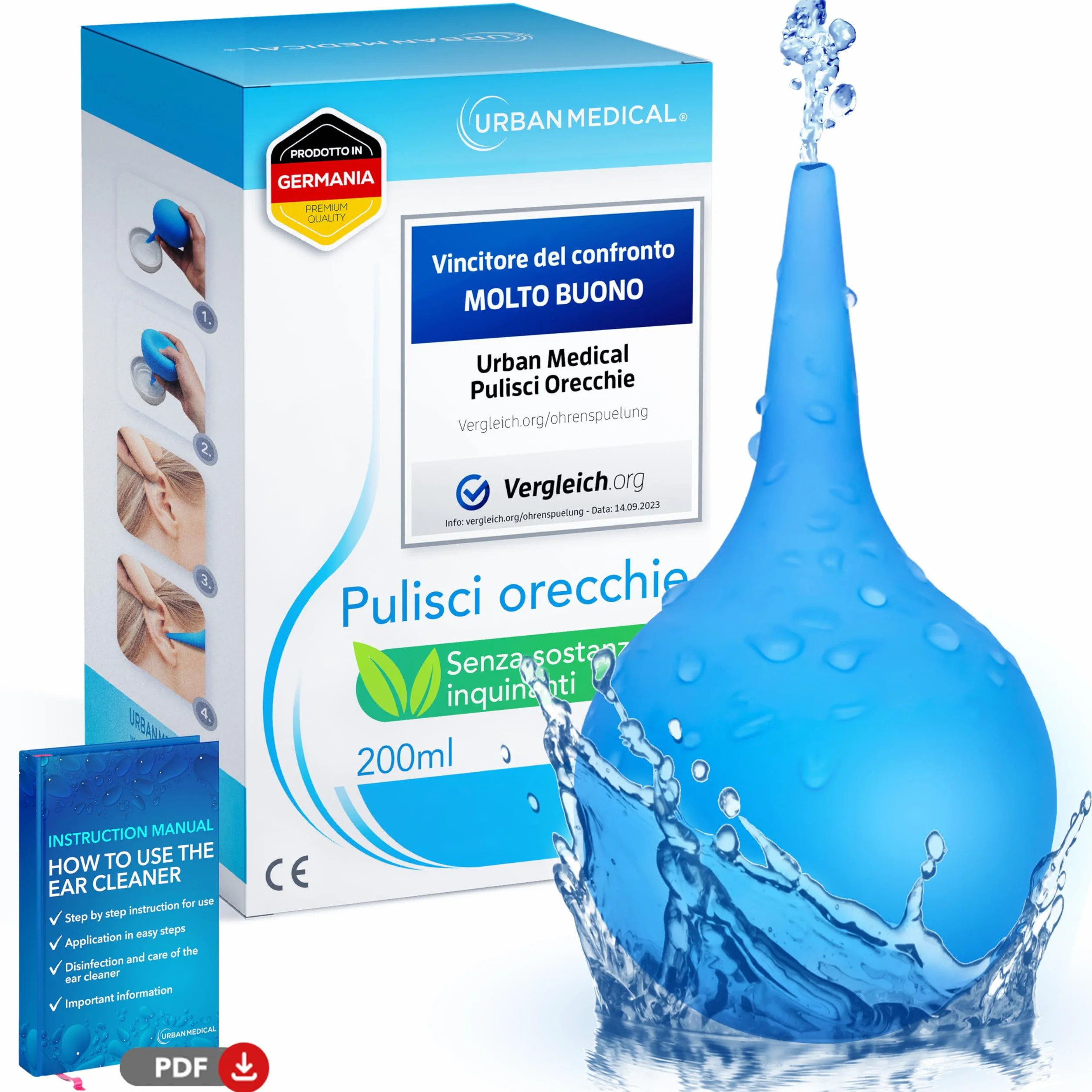 Pulisci Orecchie - Pulizia Delicata e Professionale tramite Siringa Auricolare - Sicura ed Efficace per Adulti, Bambini e Neonati - Pulitore Auricolare Riutilizzabile - 200 ml