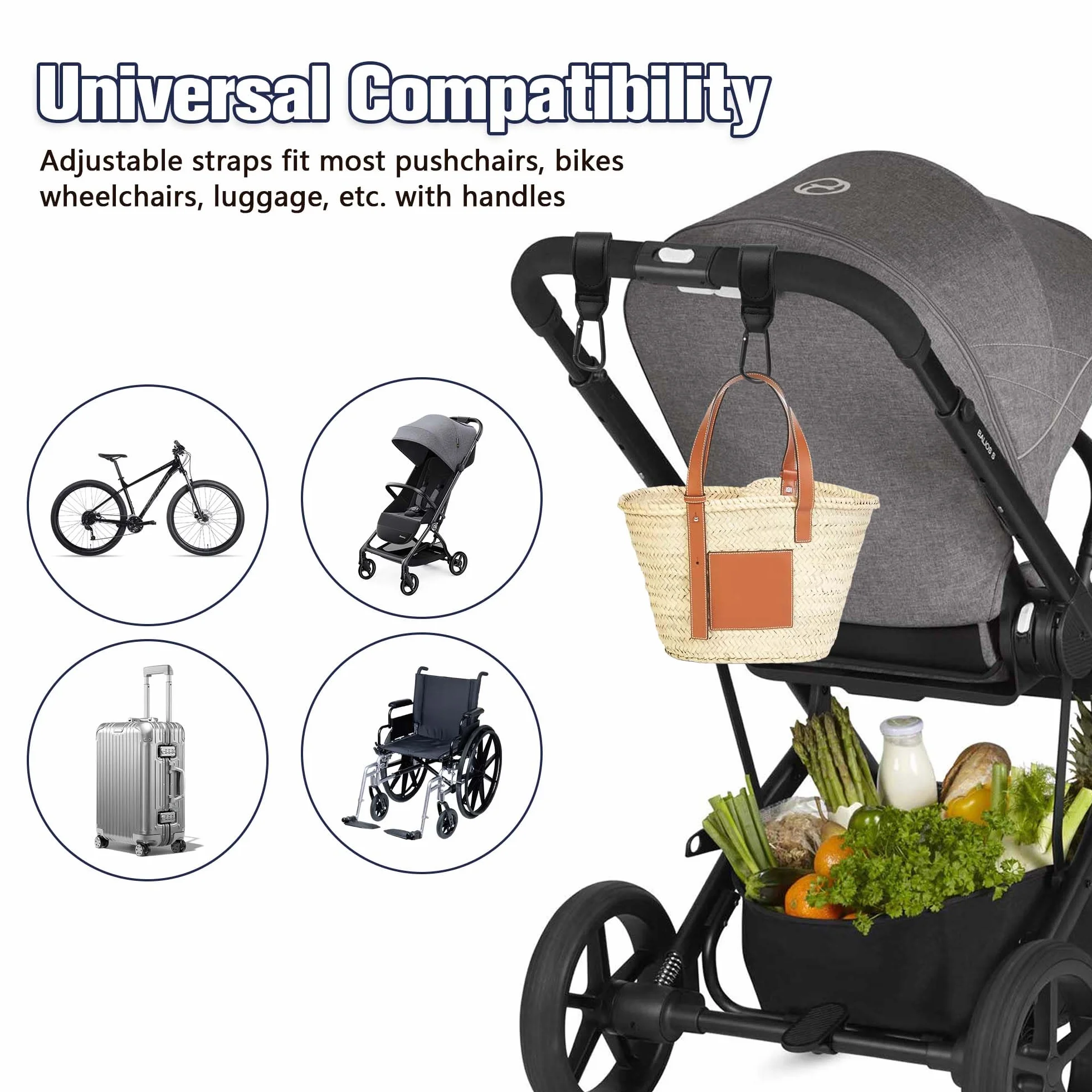 2 Pezzi Ganci per Passeggino, Moschettoni per Carrozzina Universali in Pelle, Accessori Passeggino per Porta Borse Della Spesa, Cambio Bambino, Zaini, Mamma Pannolino Borsa (Nero)