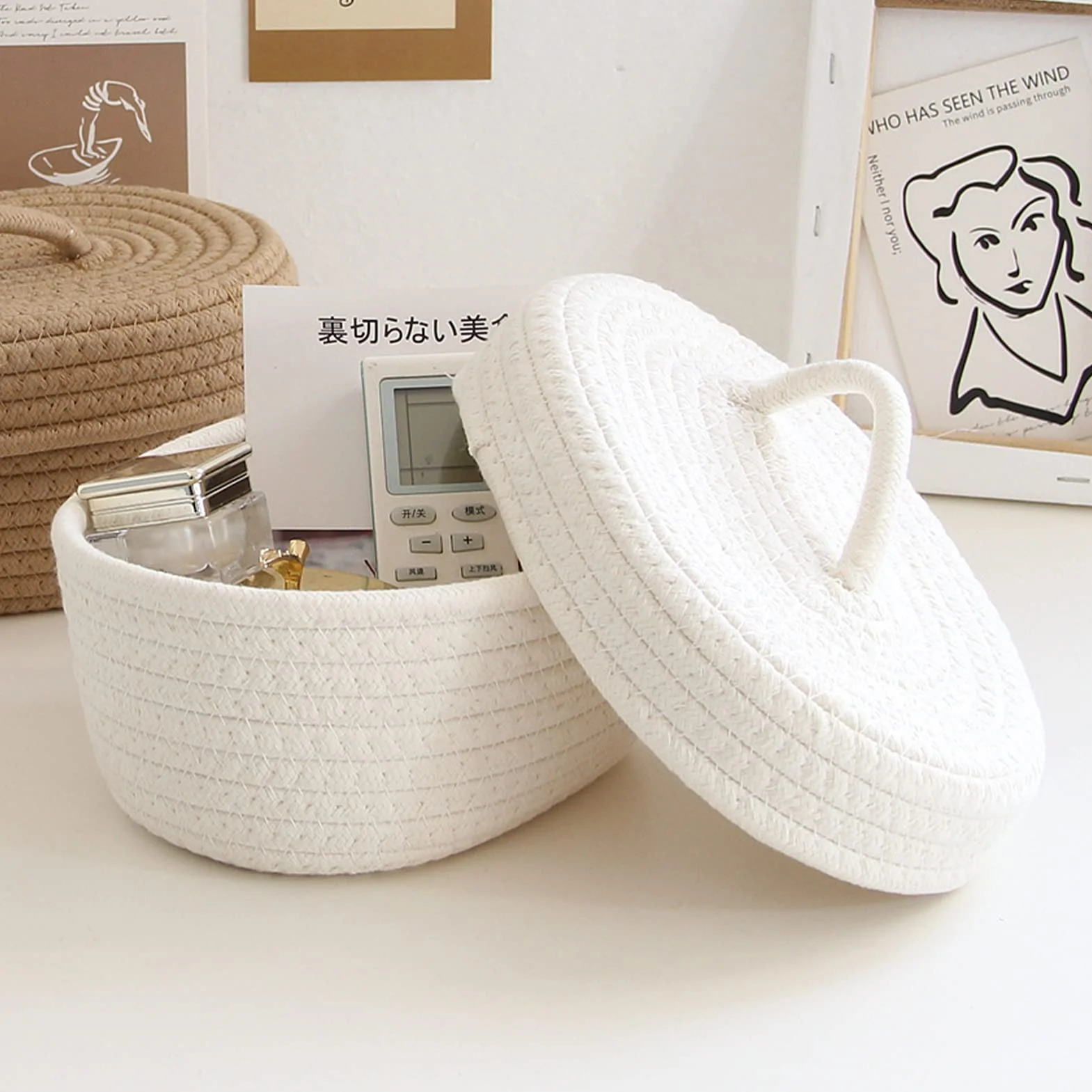 Naroote Cestino Portaoggetti in Corda di Cotone, Scatola Portaoggetti da Scrivania Decorativa Morbida per la Pelle con Coperchio per la Cameretta dei Bambini (Latte Bianco)